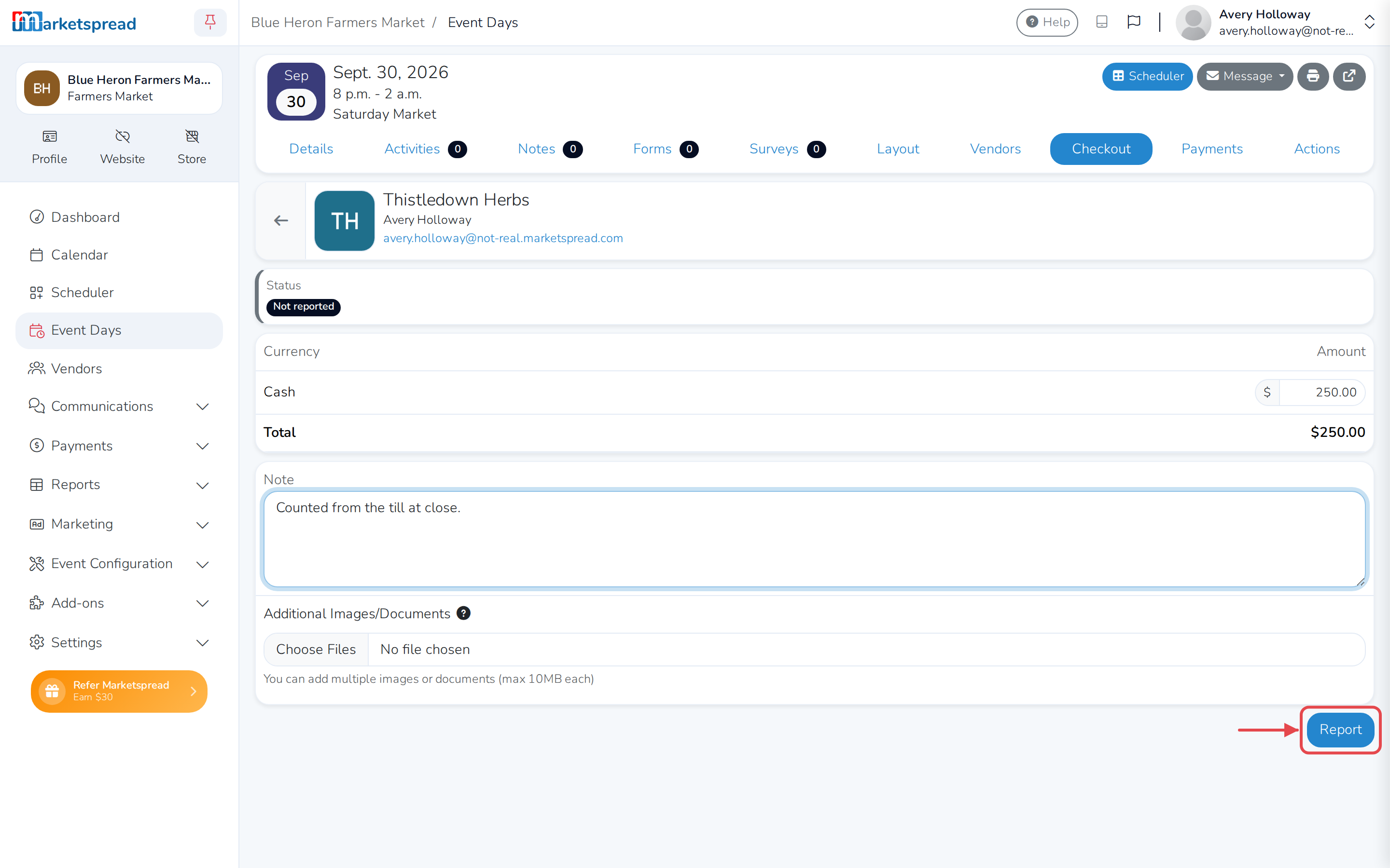 Thistledown Herbs's sales form, with the amount entered and the submit button