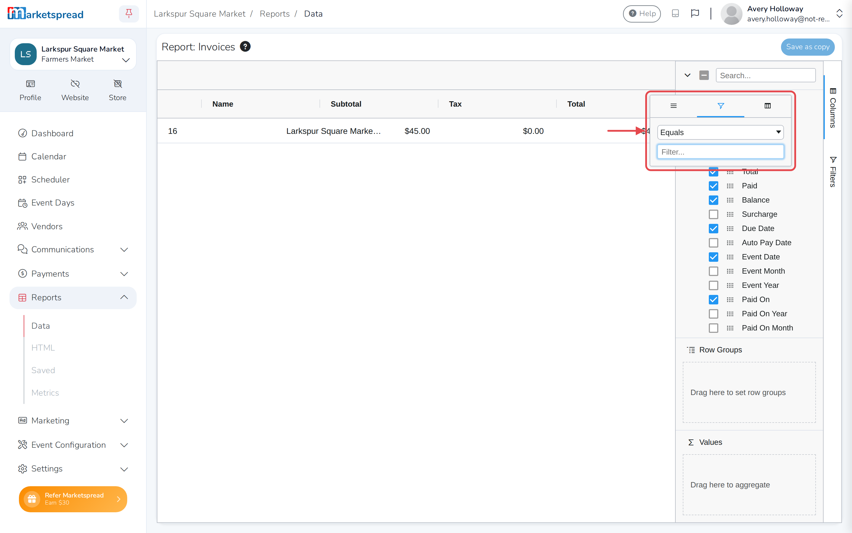 The Total column header menu open, on the filter tab