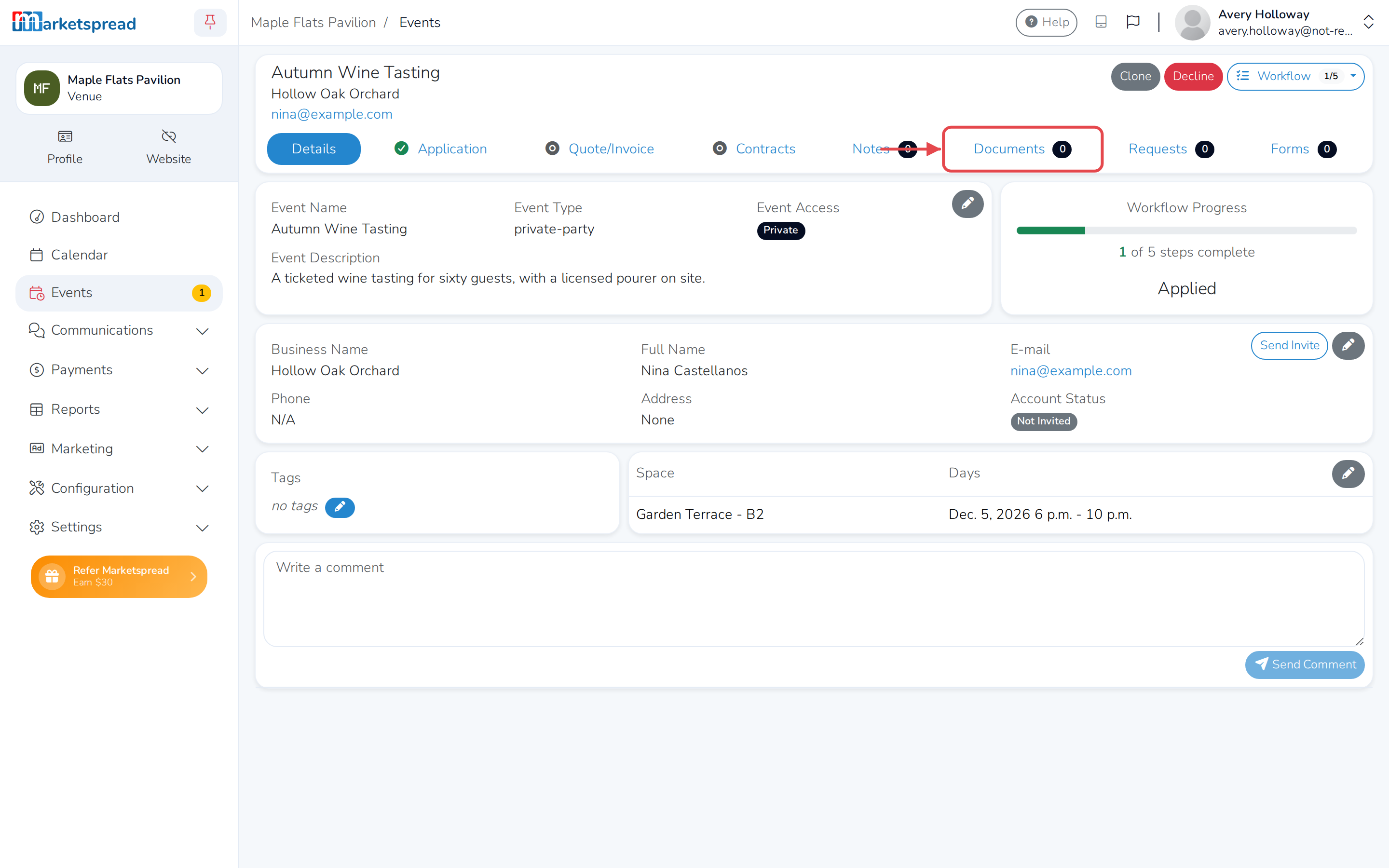 The booking page, with the Documents tab