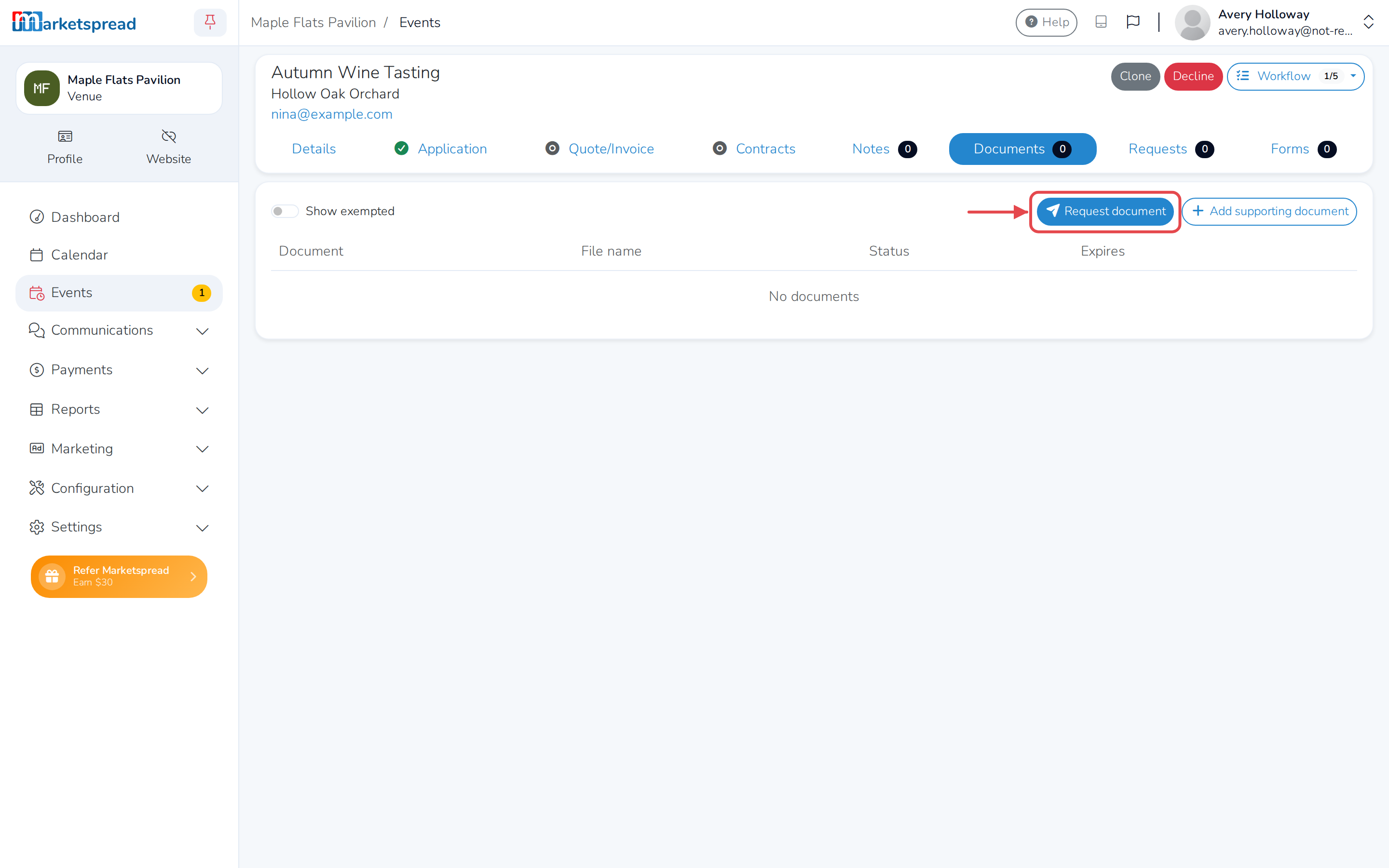 The Documents tab, with no documents requested yet