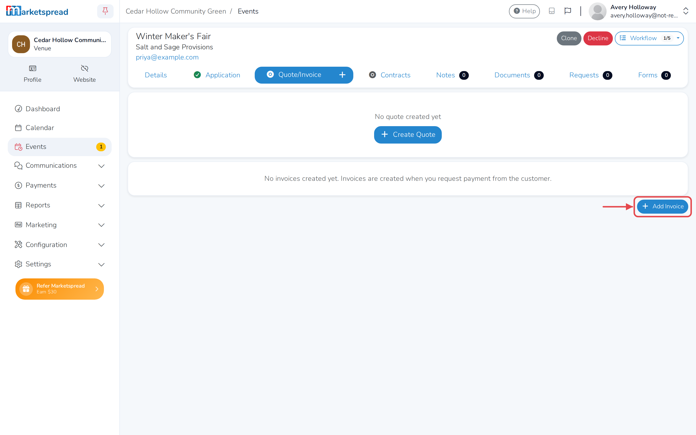 The Quote/Invoice tab, with the Add Invoice button