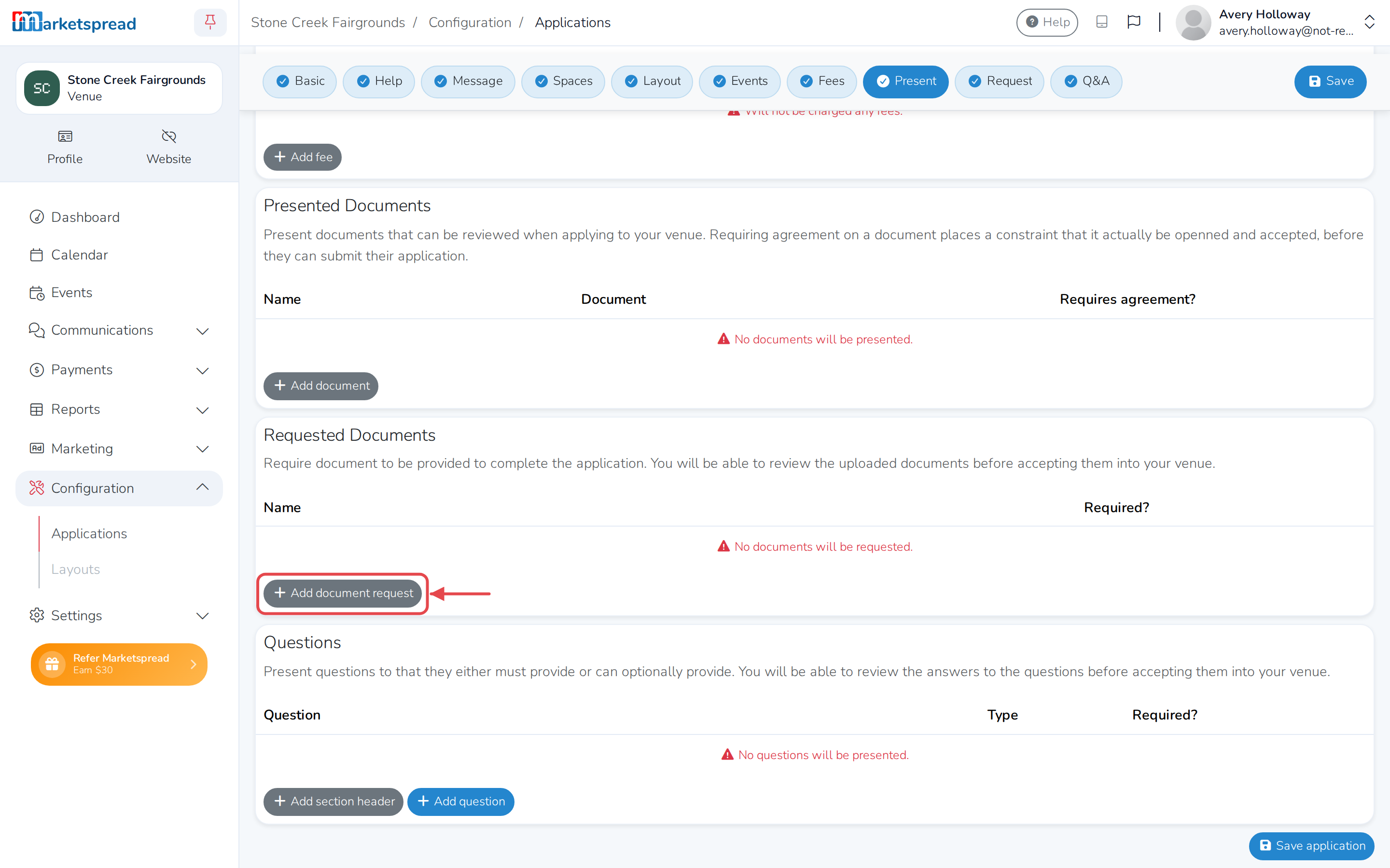 The Requested Documents section, with Add document request