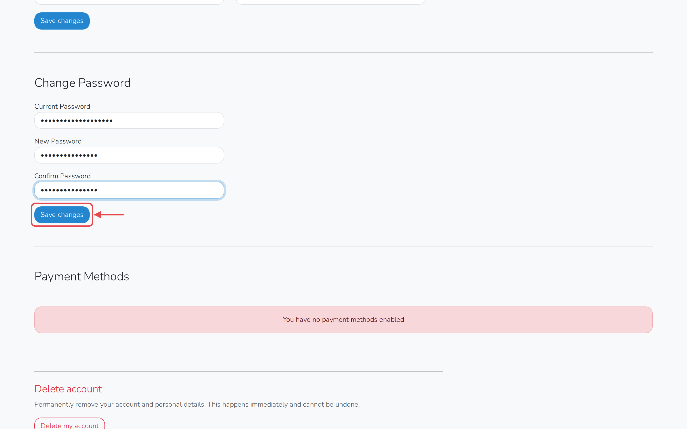 The Change Password form, filled in and ready to save