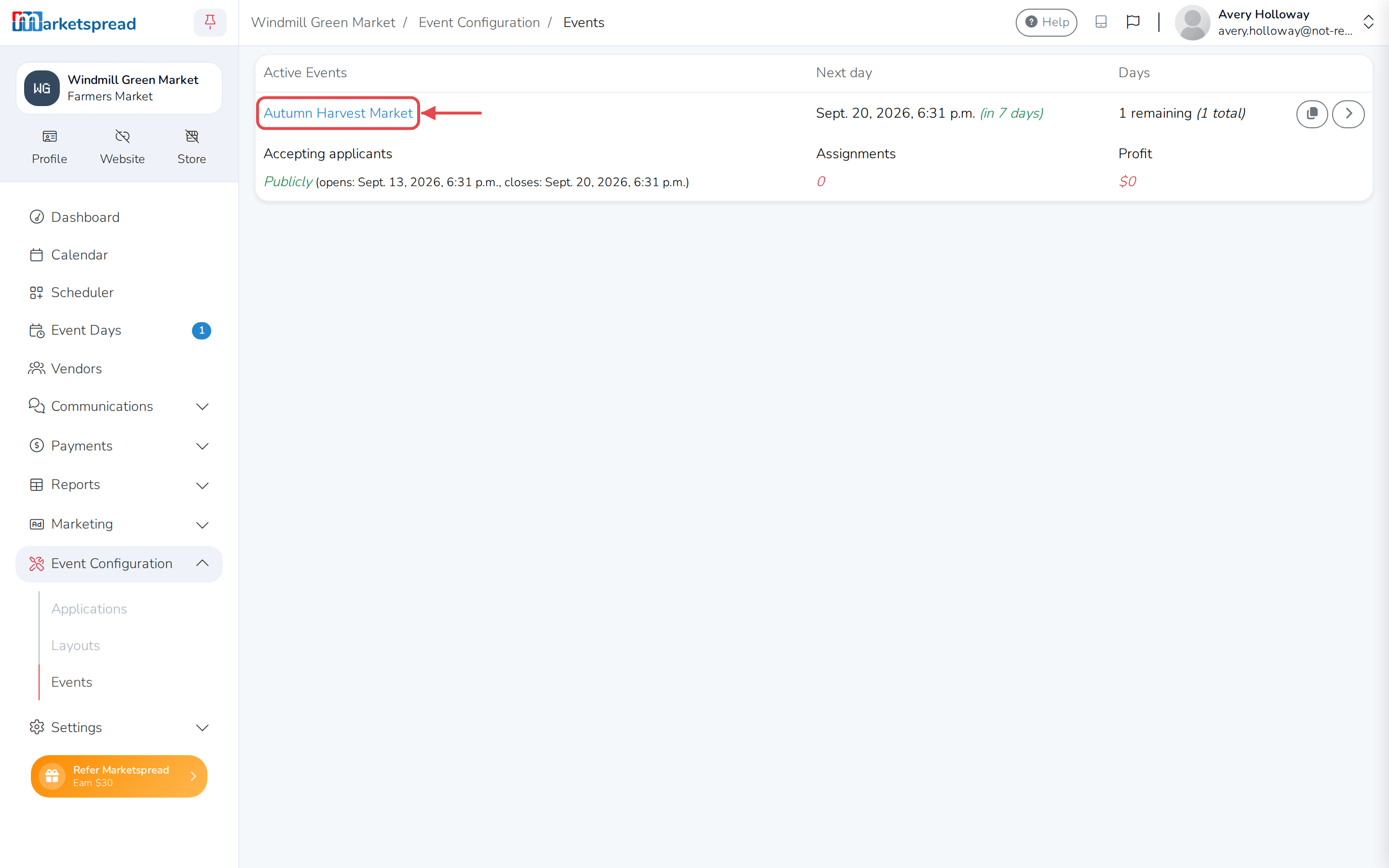 The Events list, with the event to configure