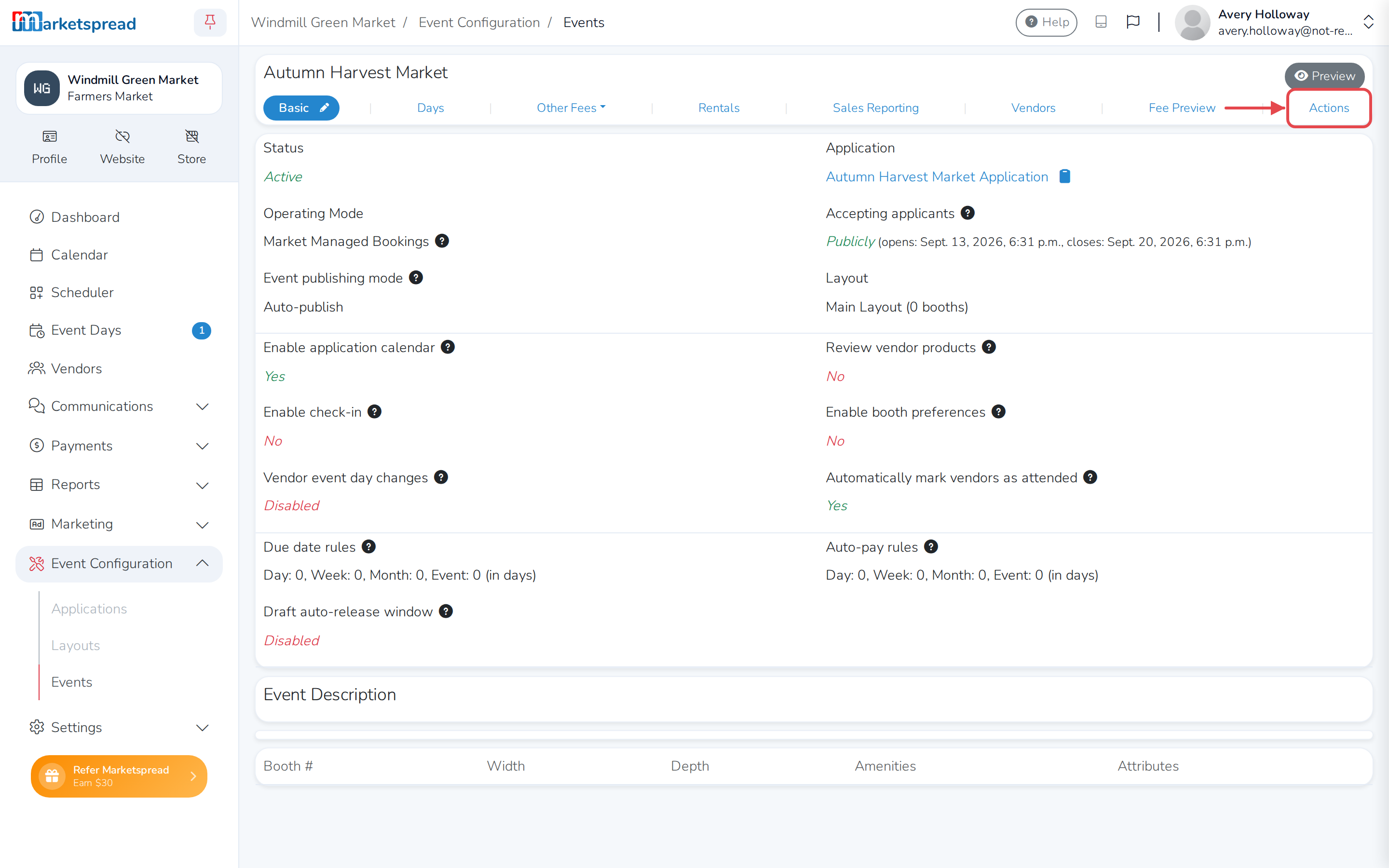 The event's tabs, with Actions