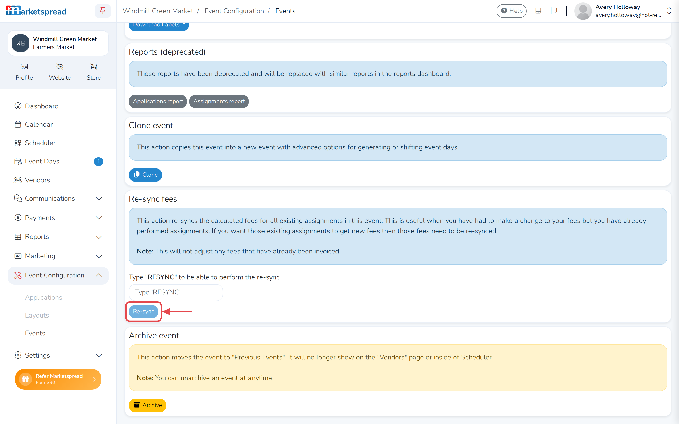 The Re-sync fees section on the Actions tab