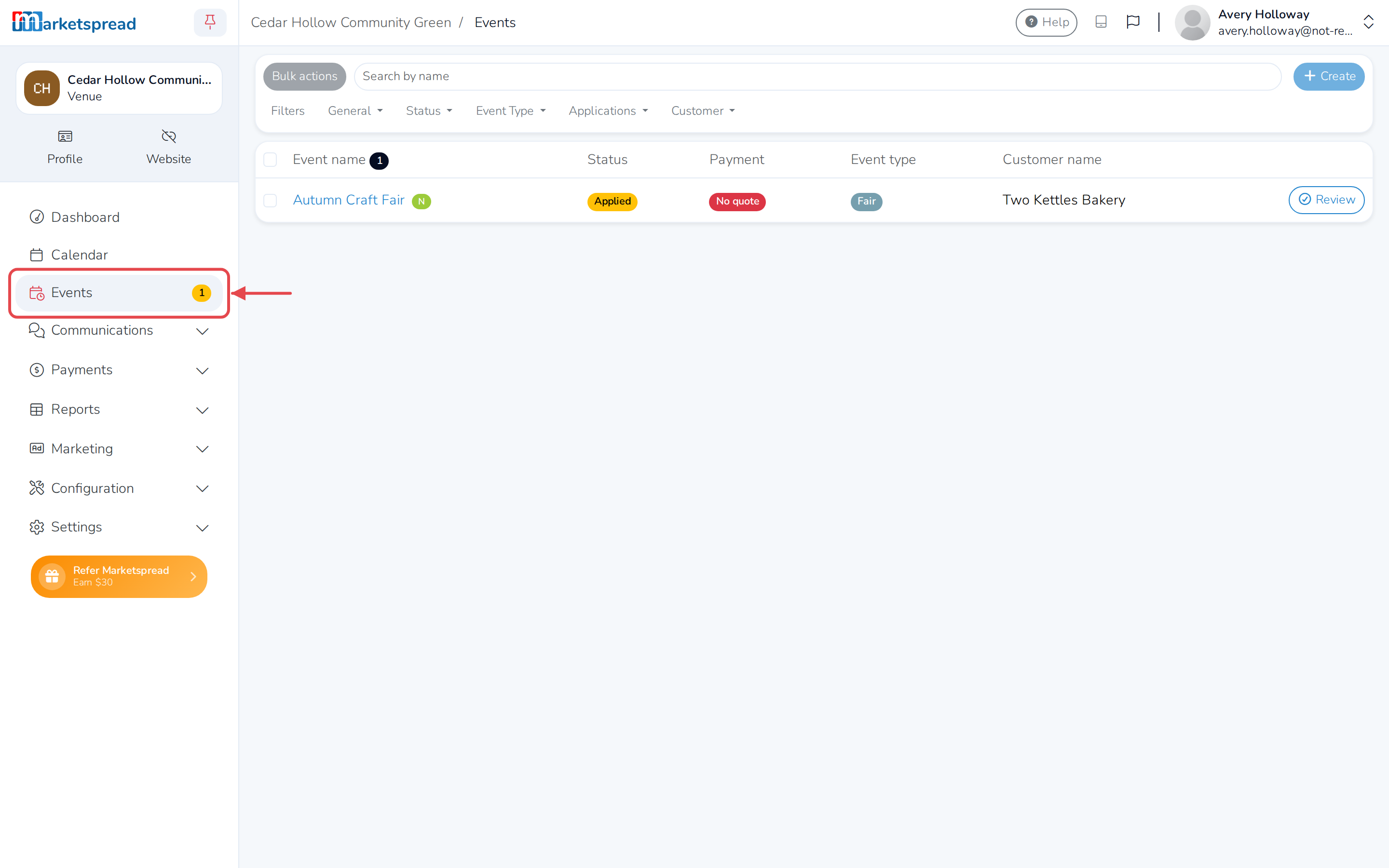 The Events list, with the new request marked Applied