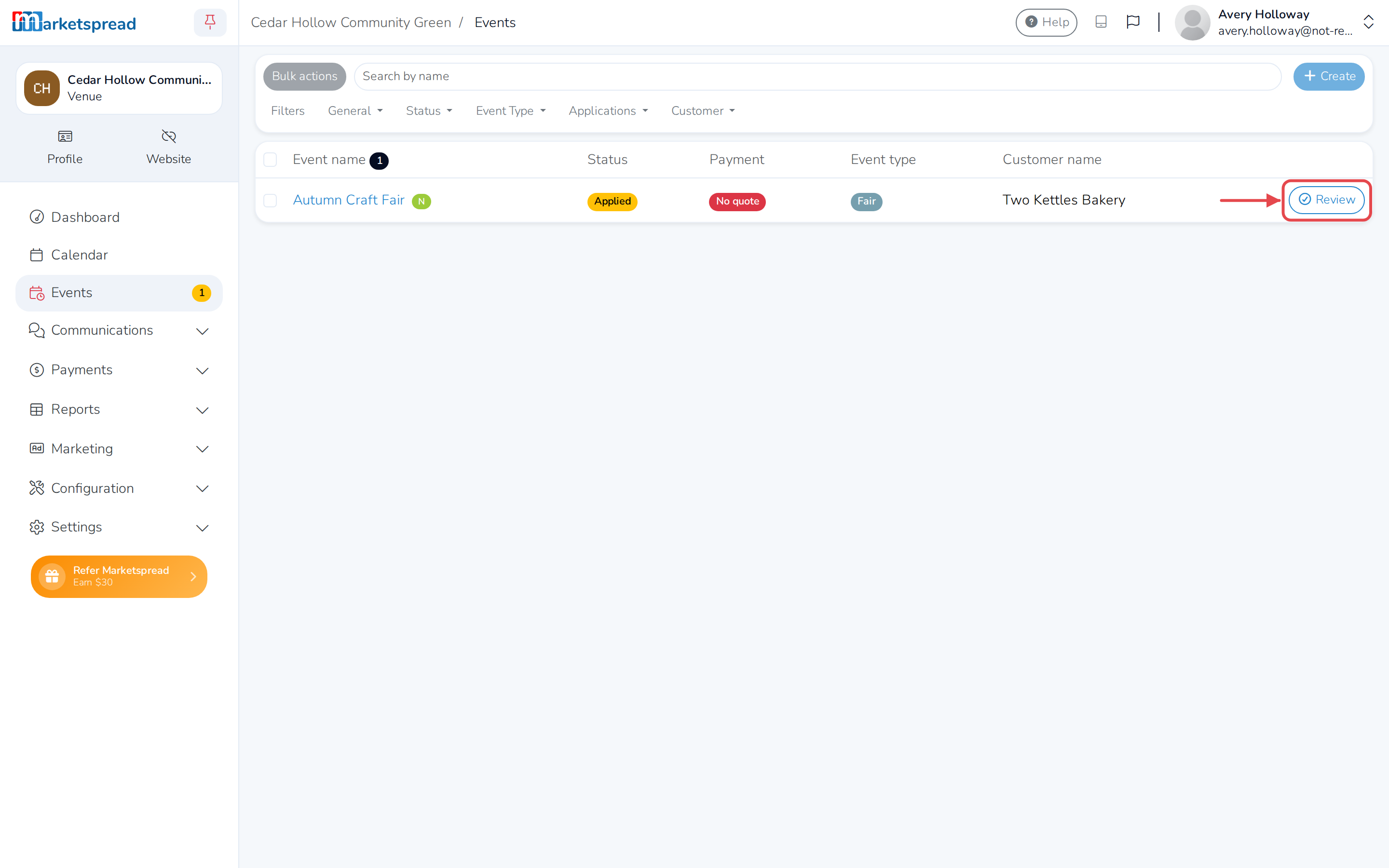 The new request in the Events list, with its Review link