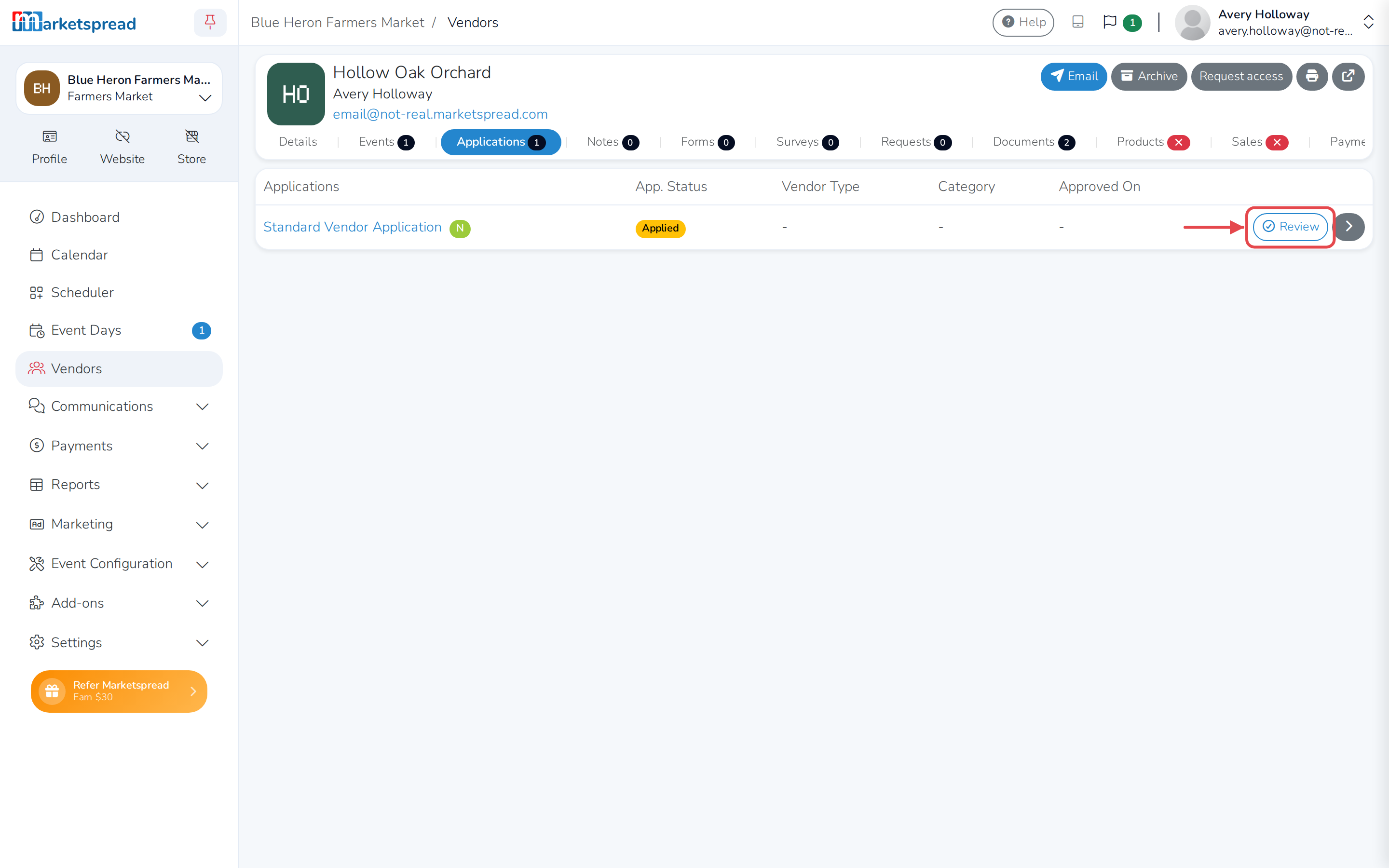 The vendor's Applications tab, with the Review button for the new application