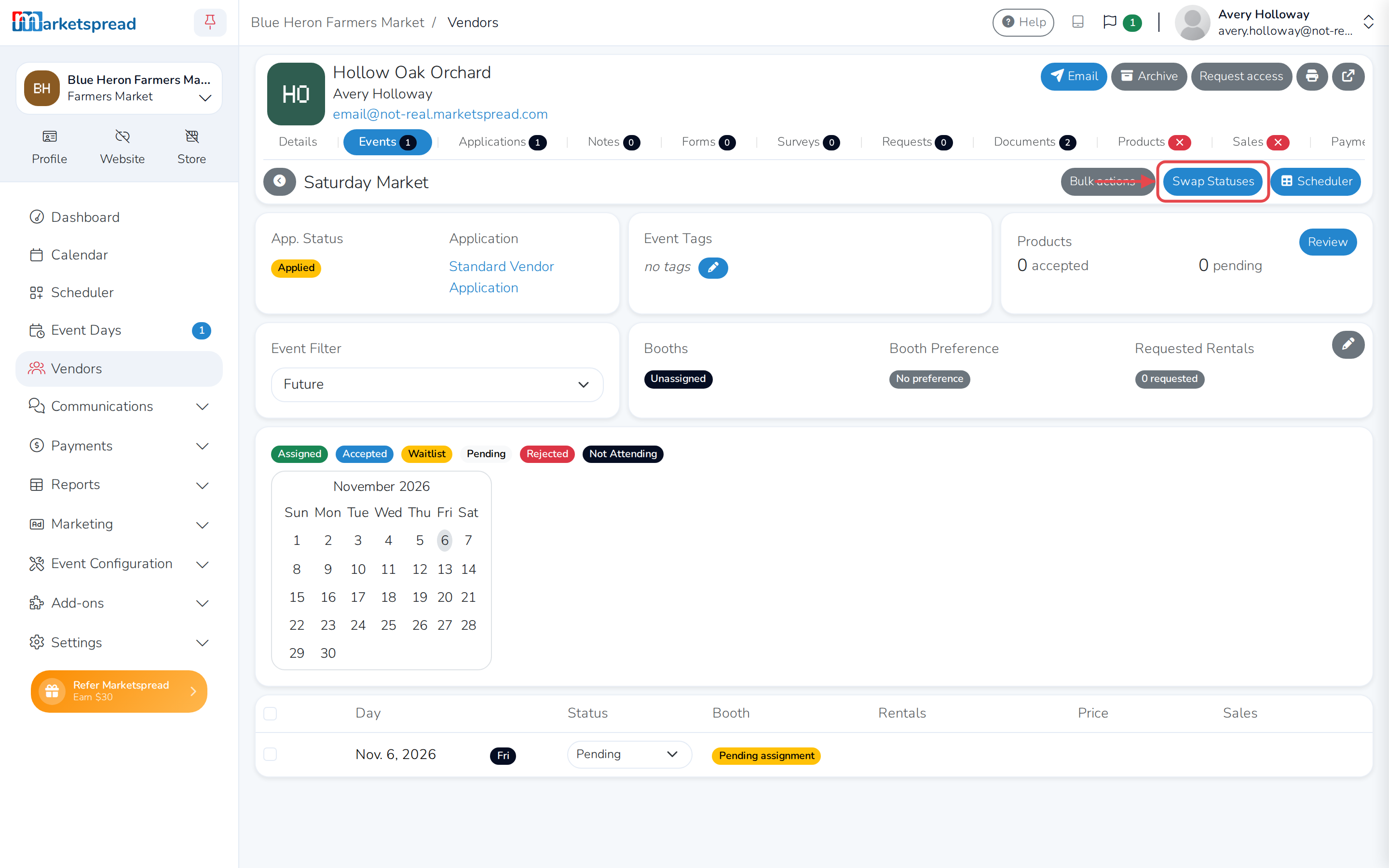 The event review screen, with the vendor's day statuses and the Products card