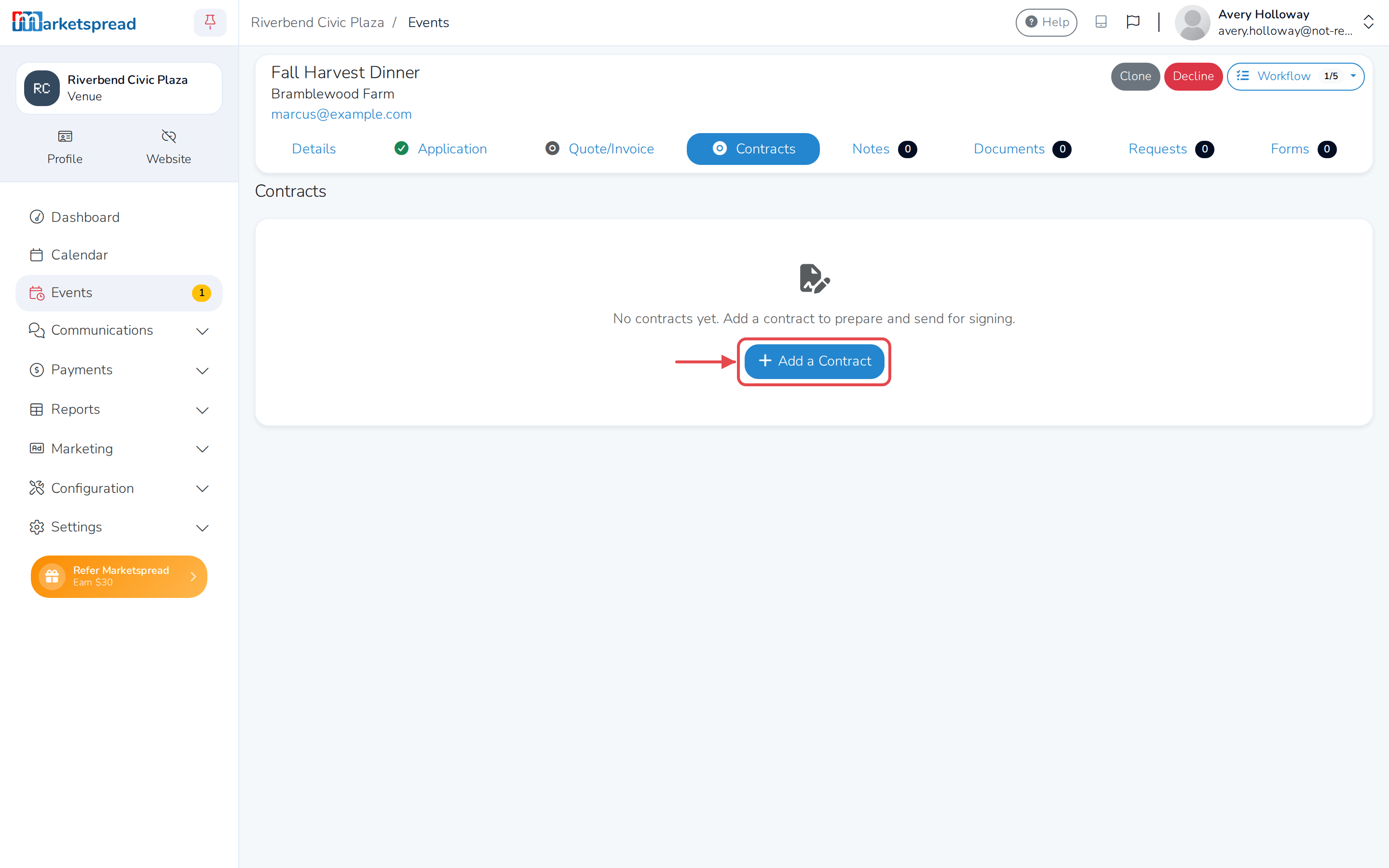 The Contracts tab on a booking request, before a contract has been added