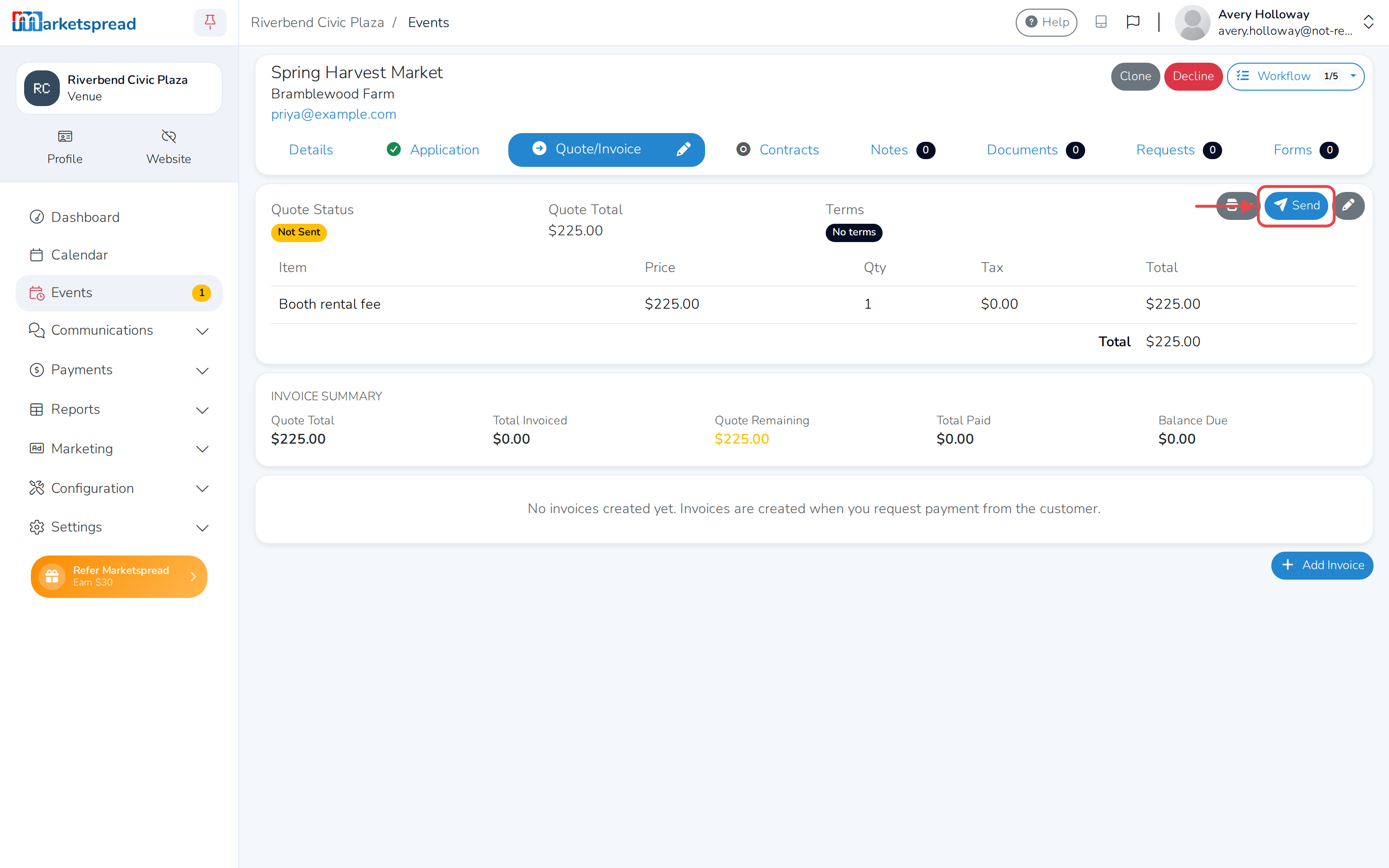 The saved quote on the Quote/Invoice tab, with its Send button
