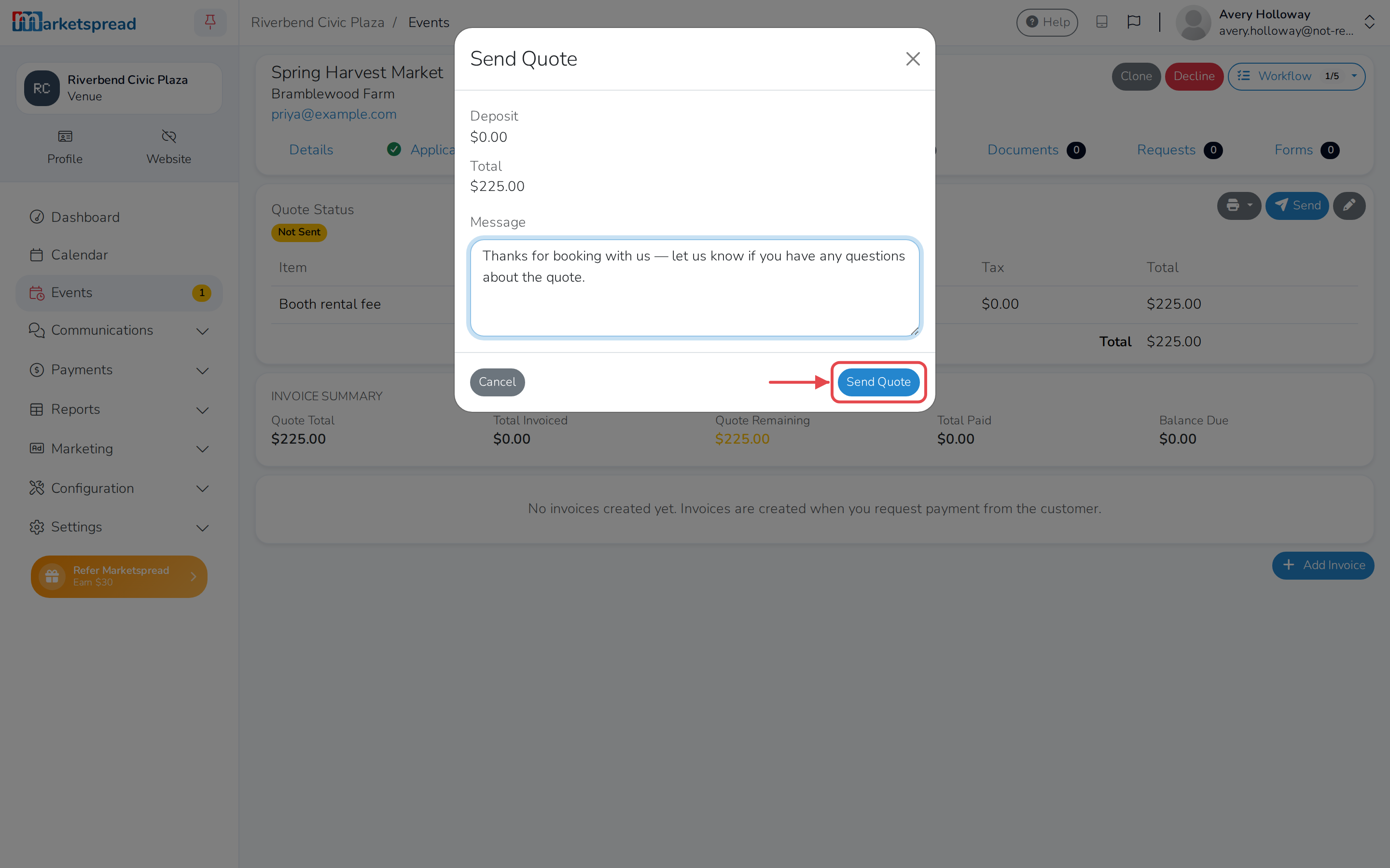 The Send Quote message, ready to send to the customer