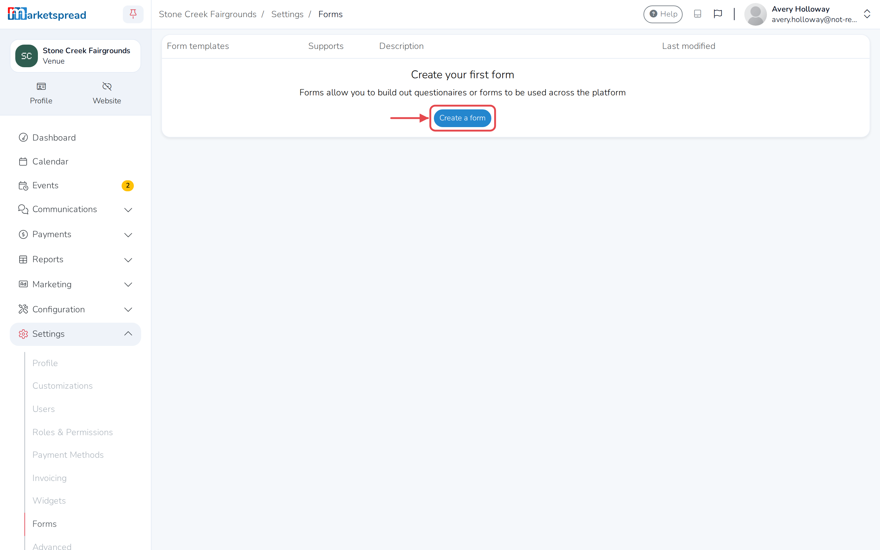 The Forms page, with the Create a form button