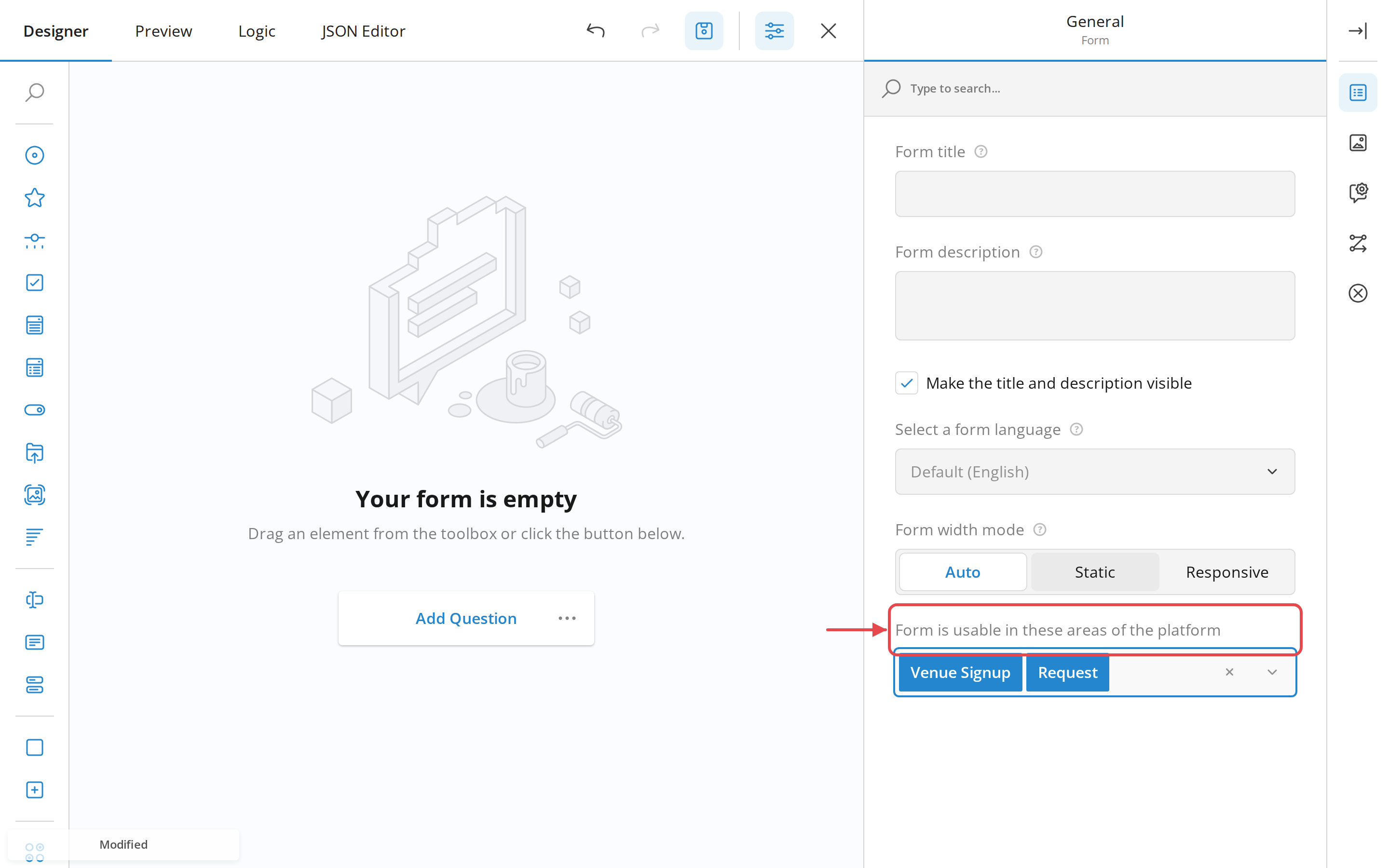The "Form is usable in these areas of the platform" field, with Venue Signup and Request both added