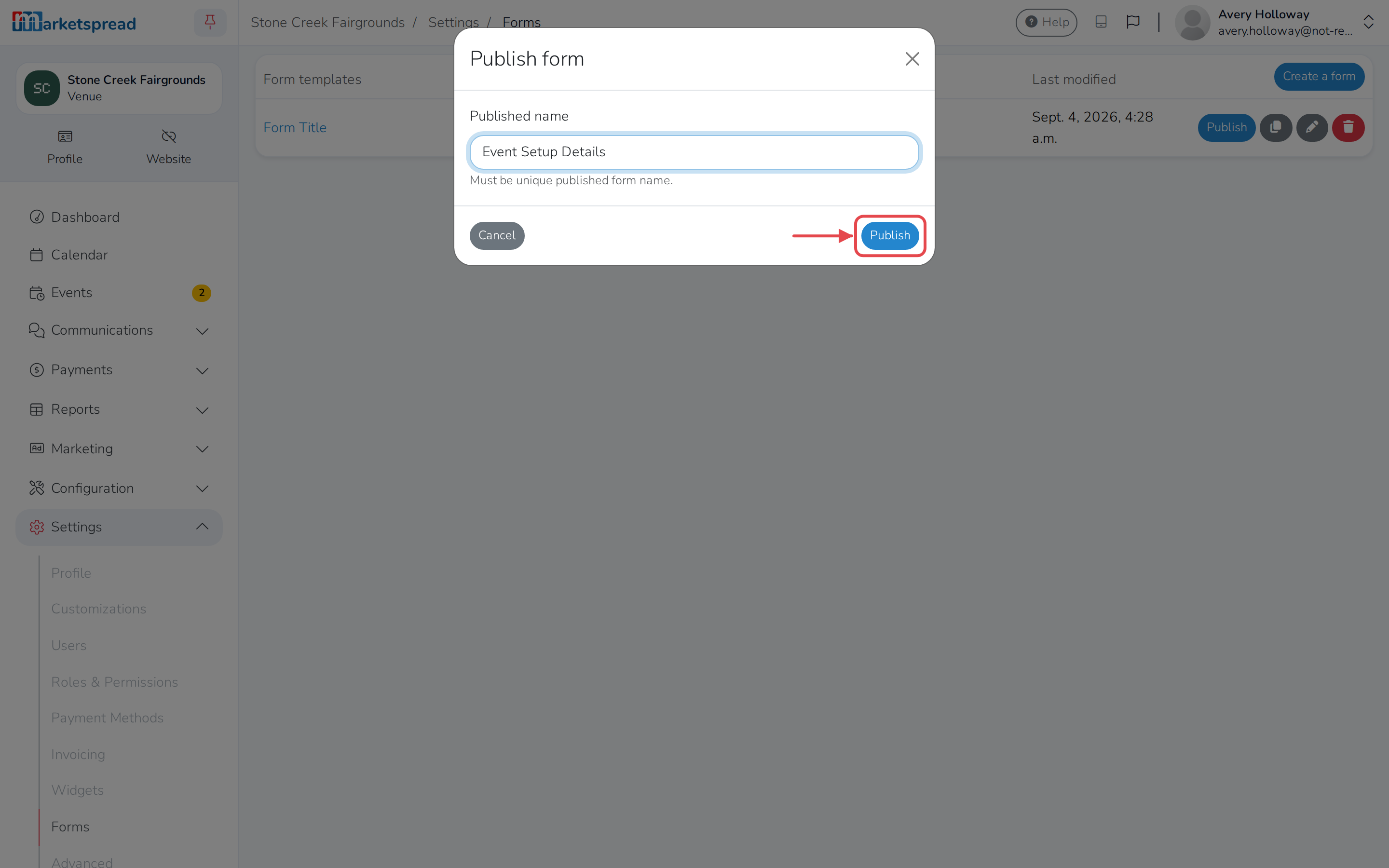 The Publish form dialog, with a published name filled in