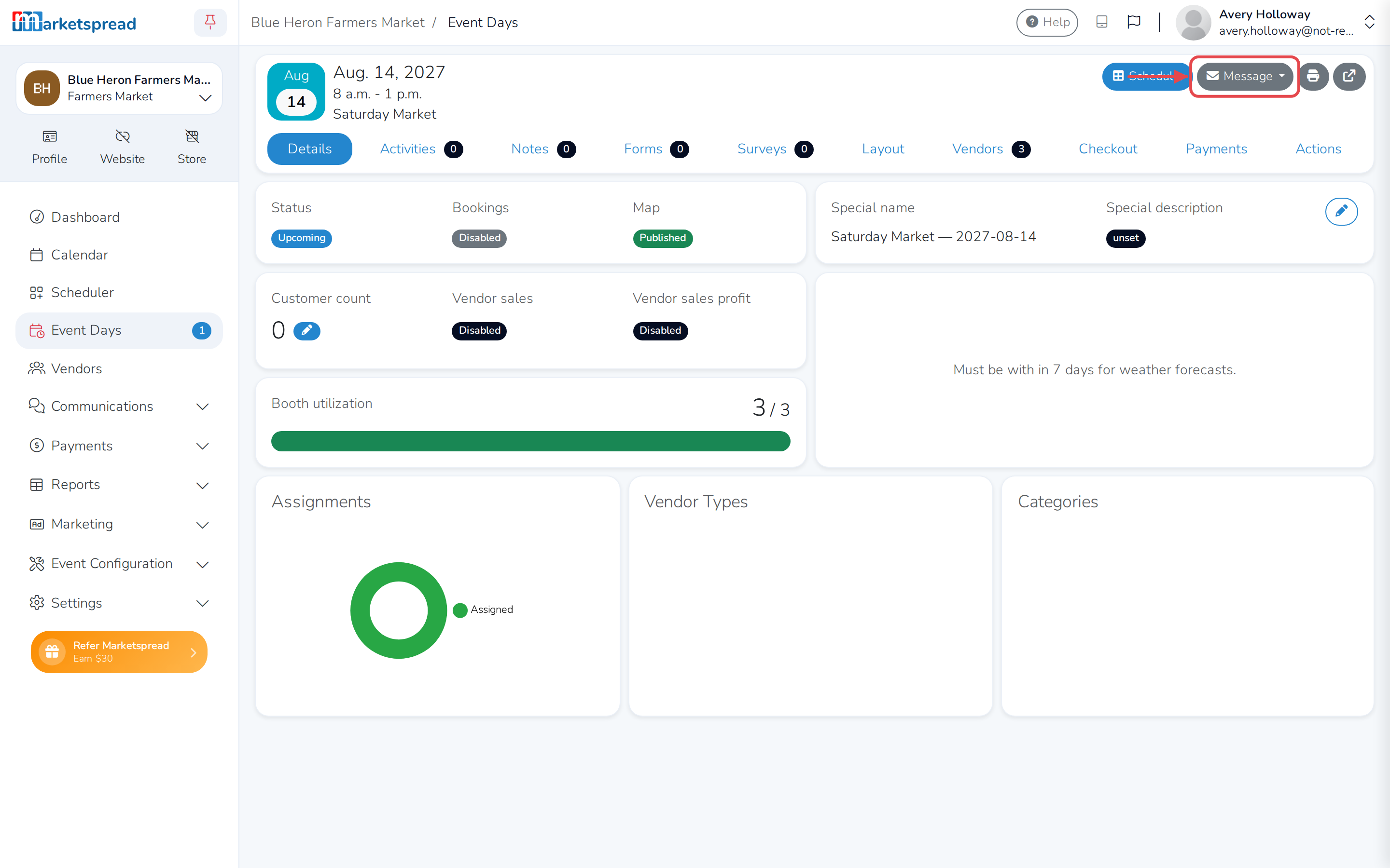 The event day overview, with the Vendors tab showing who is booked and the Message button that emails them