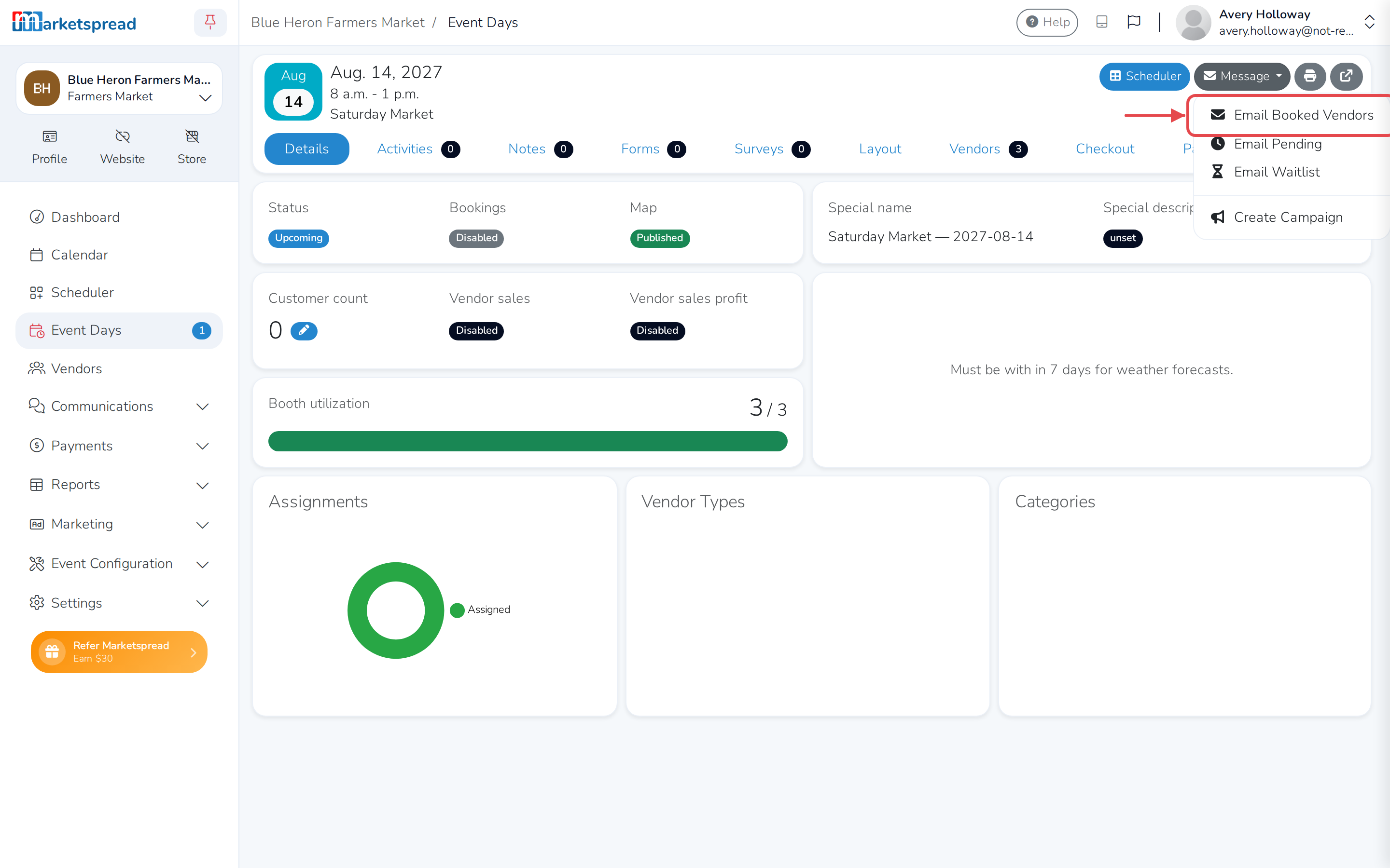 The Message menu, with Email Booked Vendors ready to open Messenger