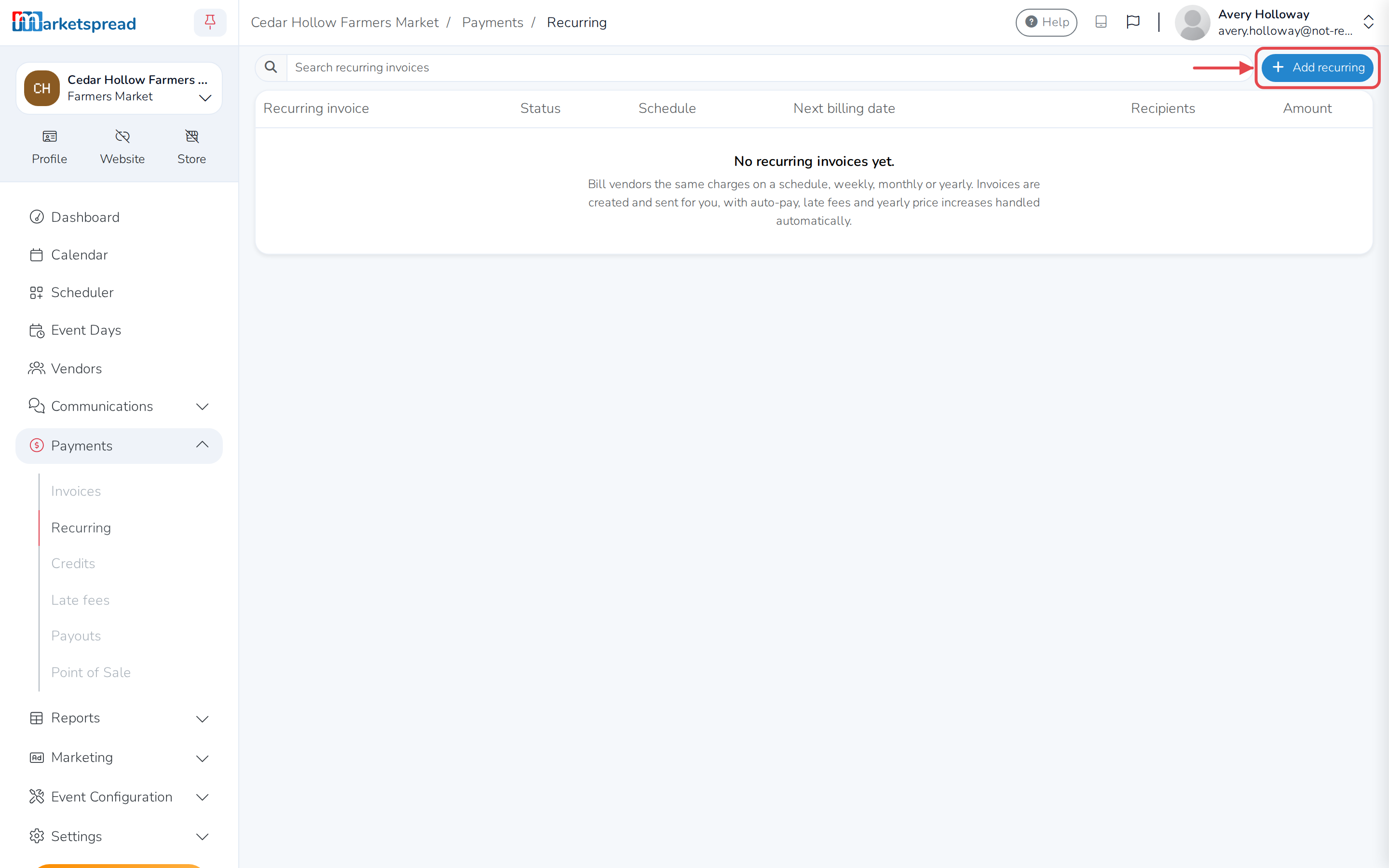 The Recurring invoices page, with nothing set up yet