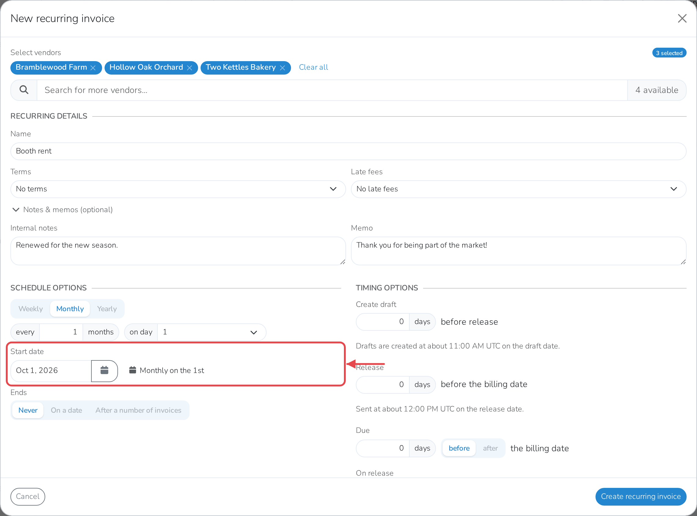 The billing schedule: monthly, starting next month, running until stopped