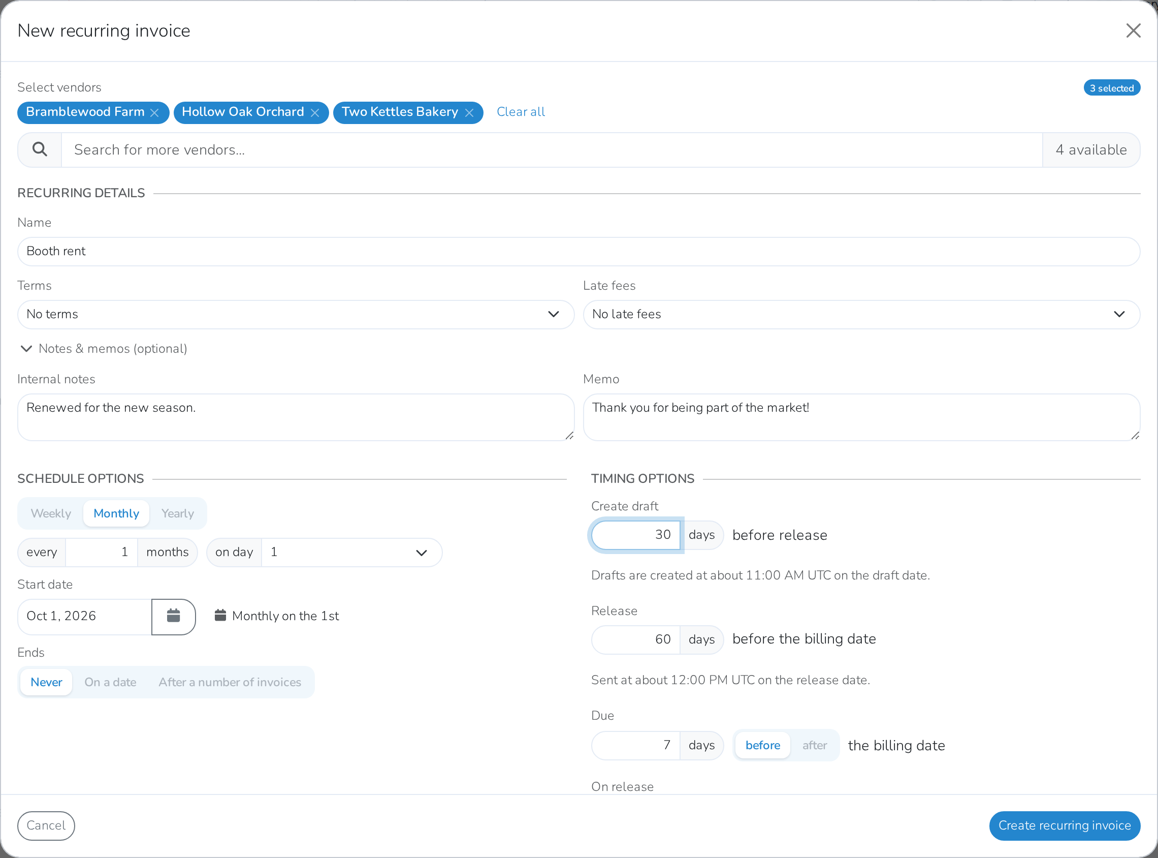 When the draft, release and due dates fall around each billing date