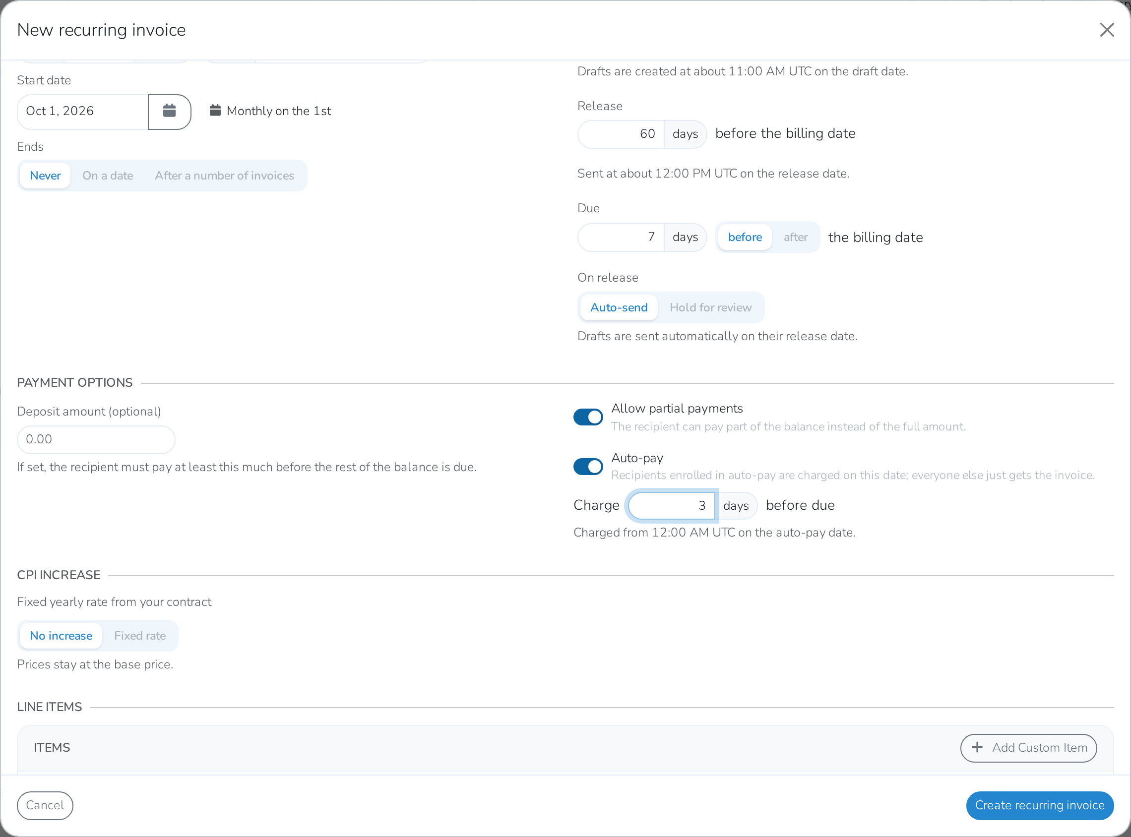 Allowing partial payments and auto-pay 3 days before the due date