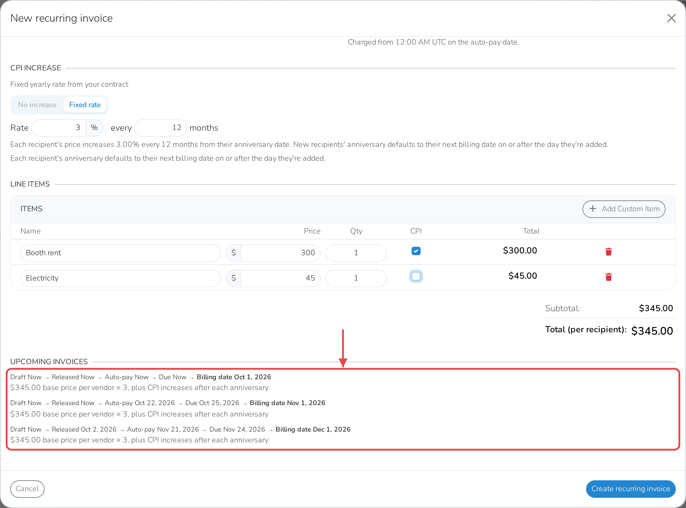A preview of the next invoices this will create