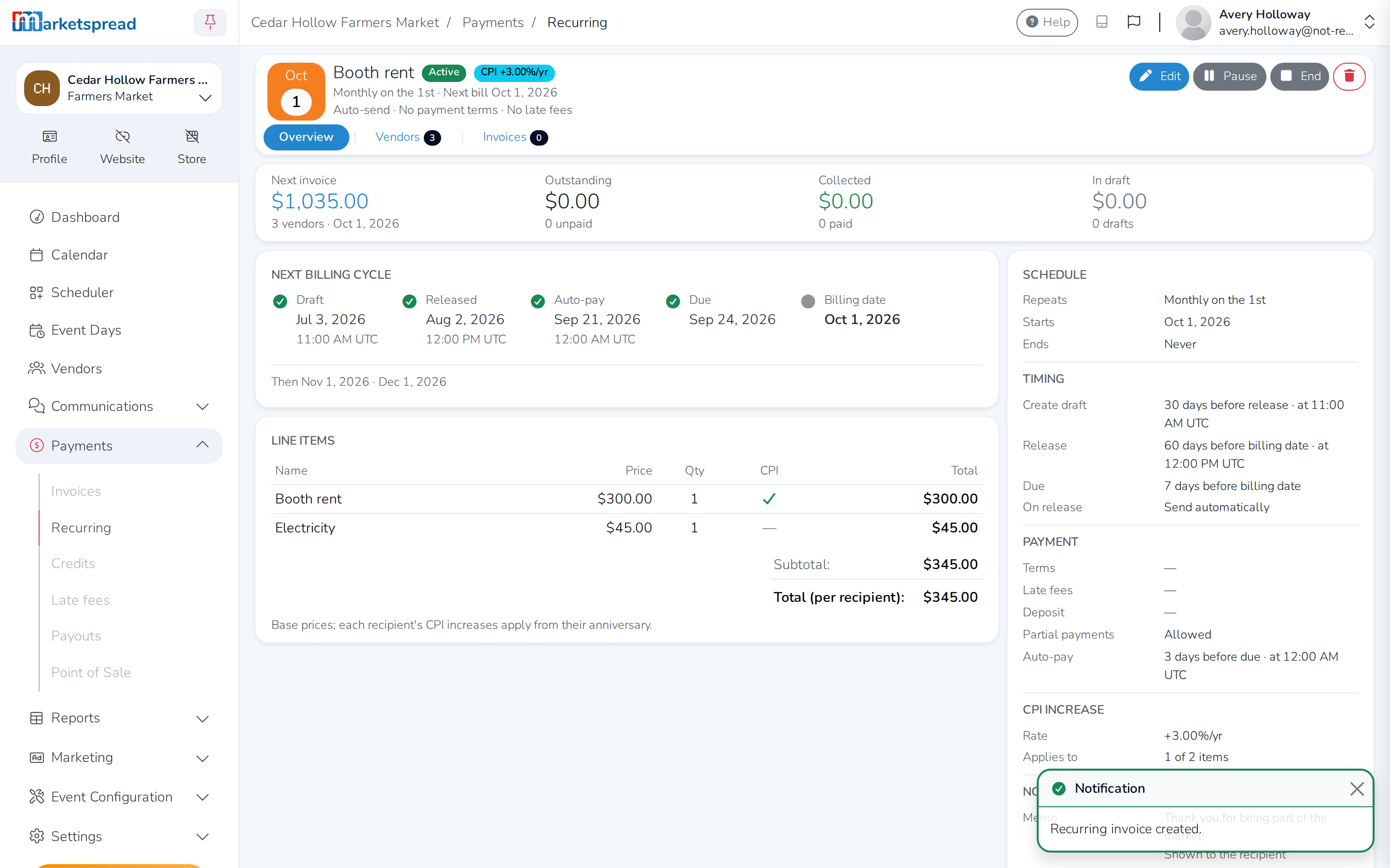 The new recurring invoice, ready to run