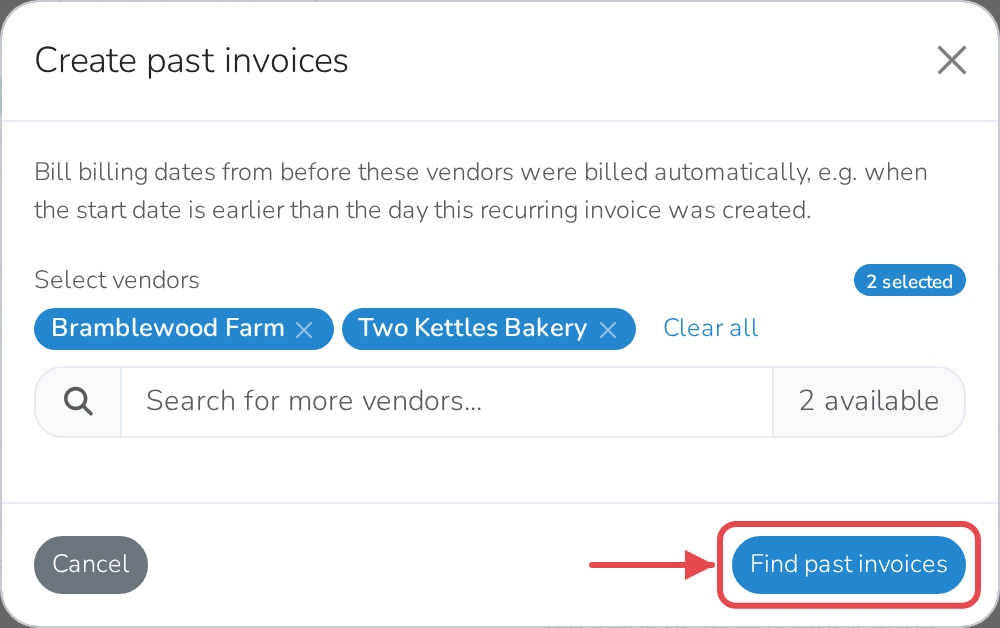 Choosing which vendors to create past invoices for