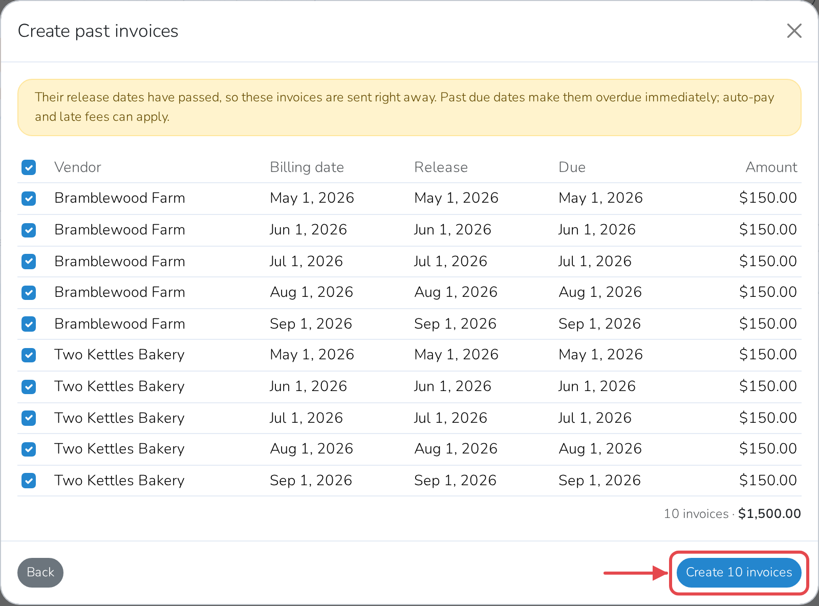 Every missed billing date, checked and ready to create