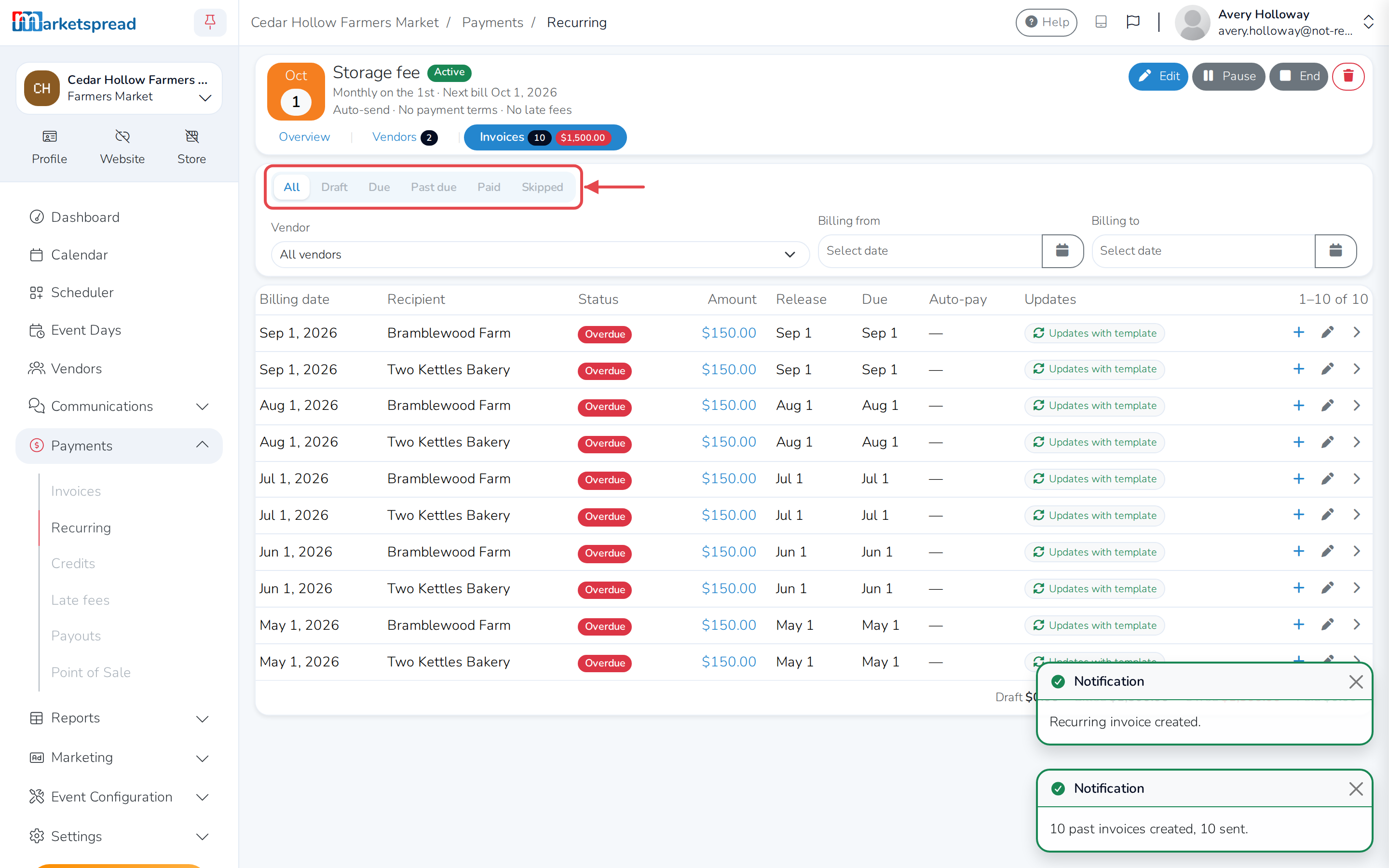 Every invoice this recurring invoice has created, filterable by status