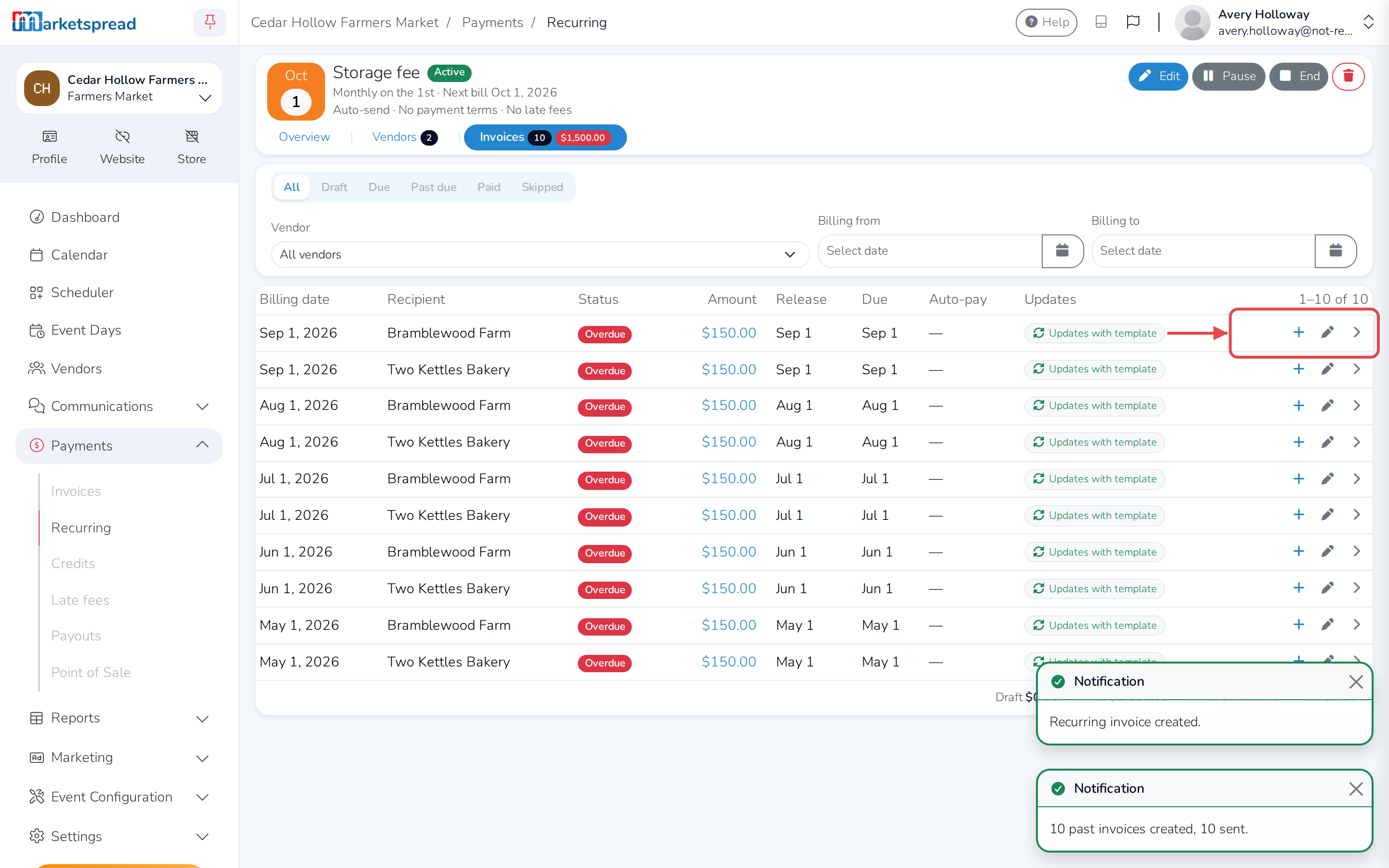 A row's actions: add a payment or edit the invoice by hand