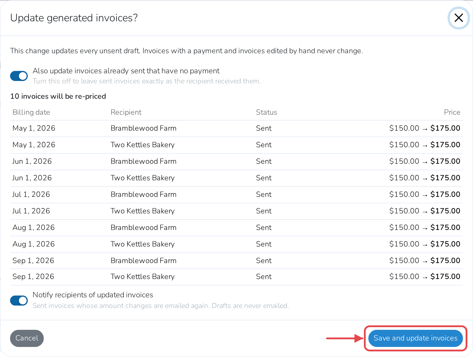 Which existing invoices the new price reaches