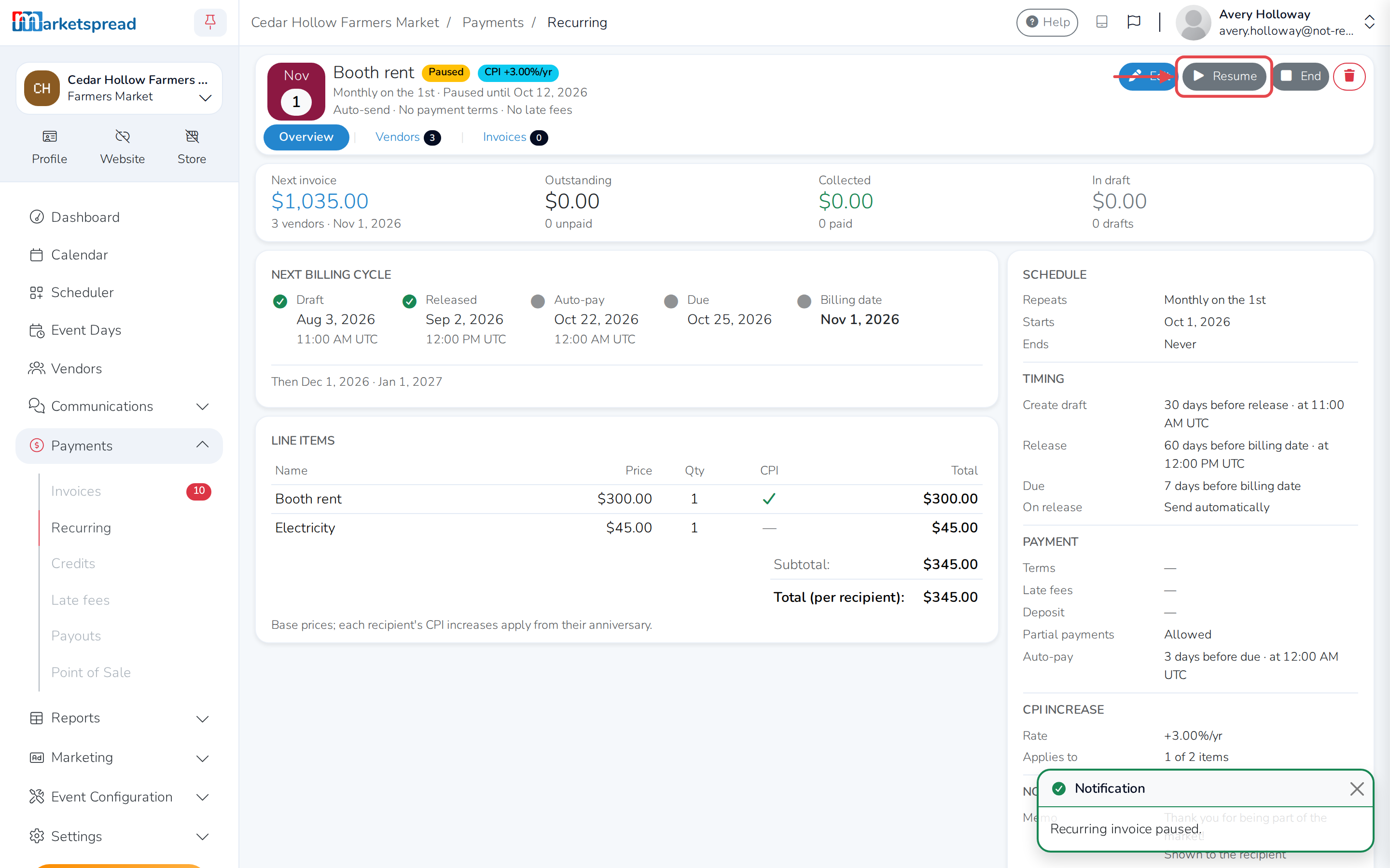 Paused, with Resume ready whenever billing should start again