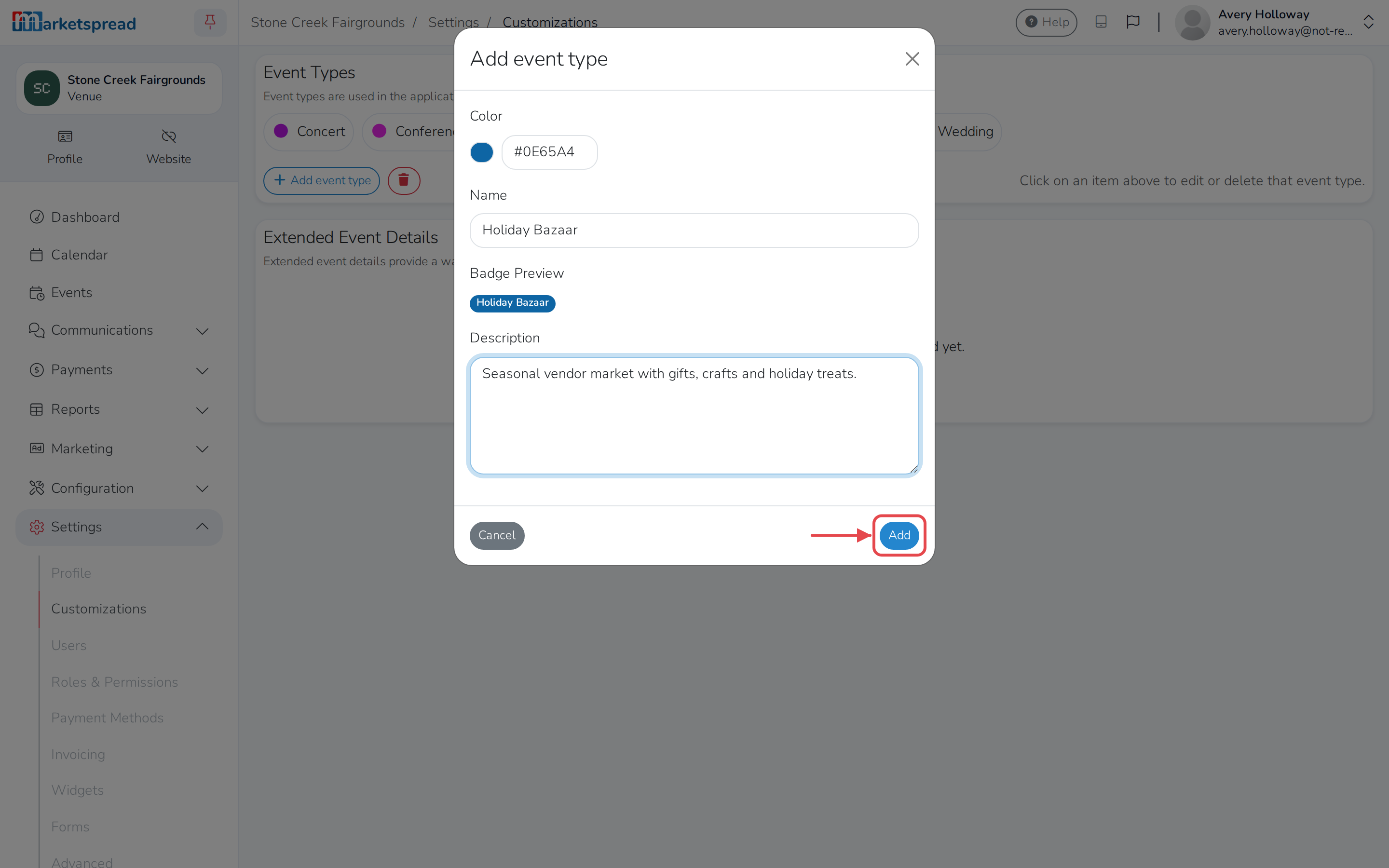 A new event type, with its color, name and description filled in