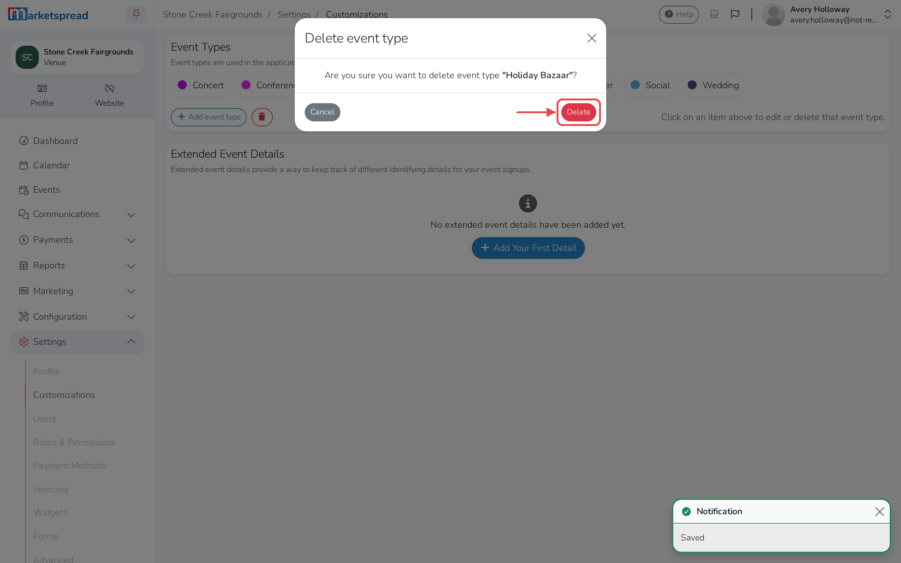 The confirmation a reader sees before an event type is actually removed