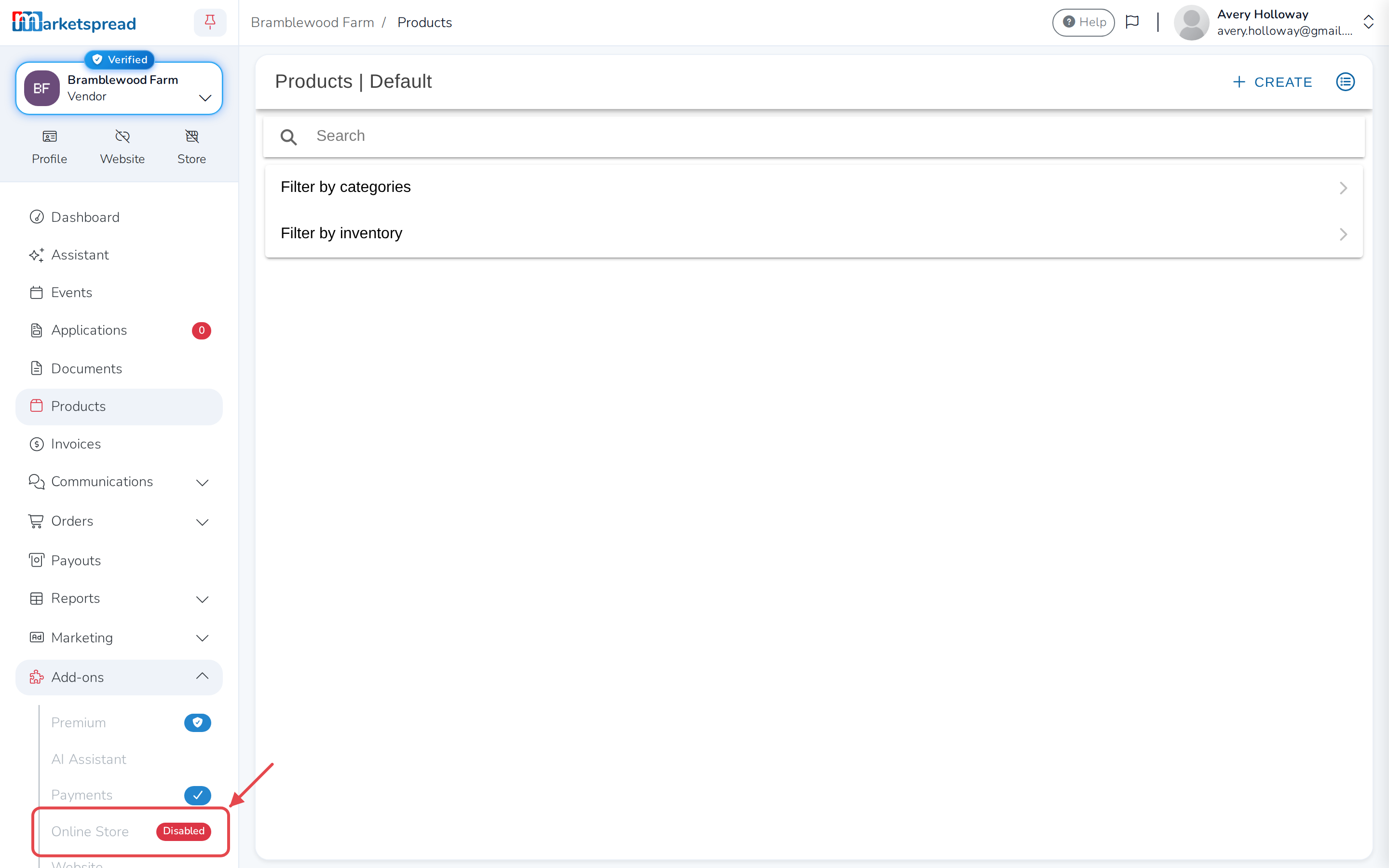 The Add-ons menu open, with Online Store