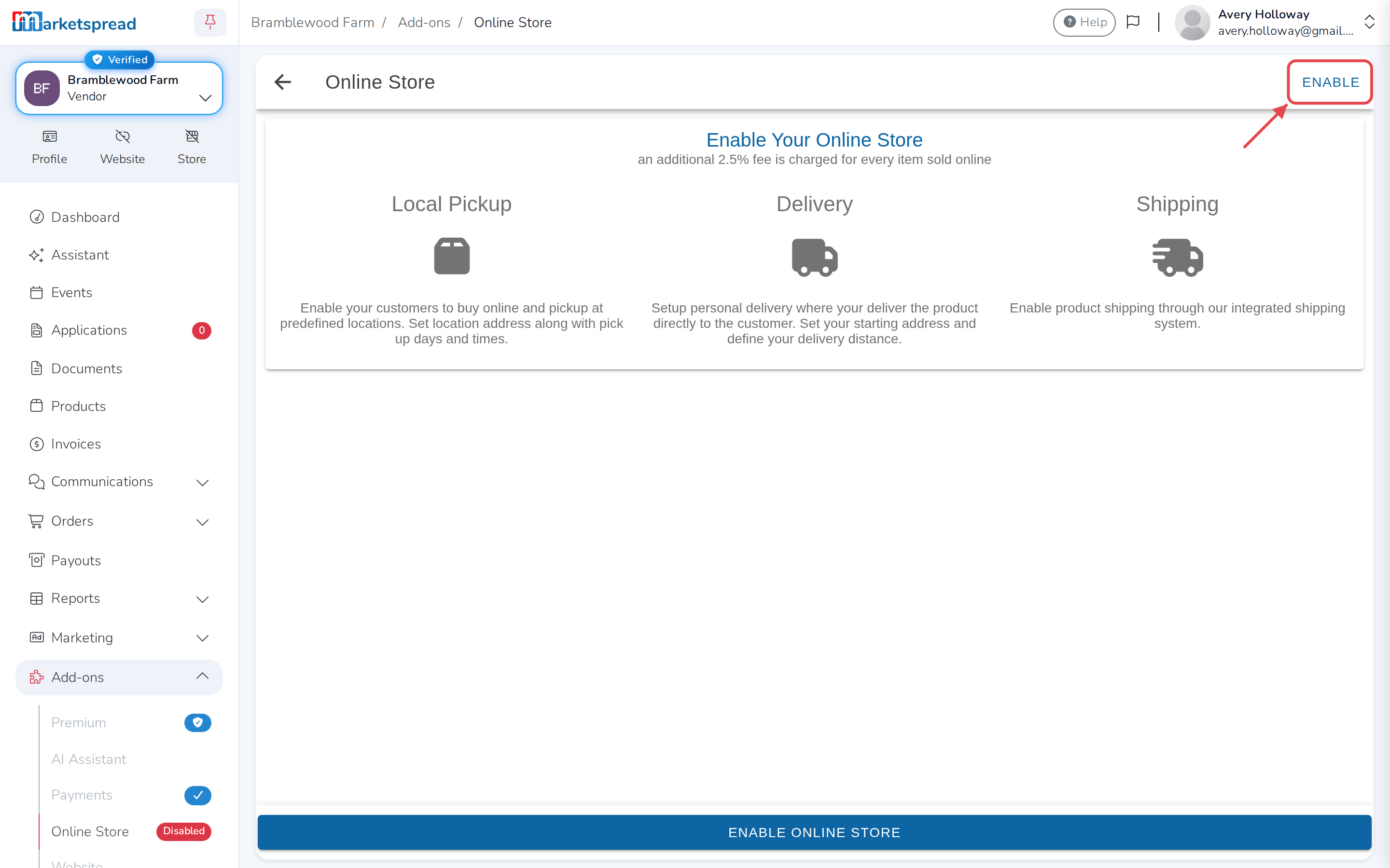 The Online Store pitch, with Enable in the top-right corner