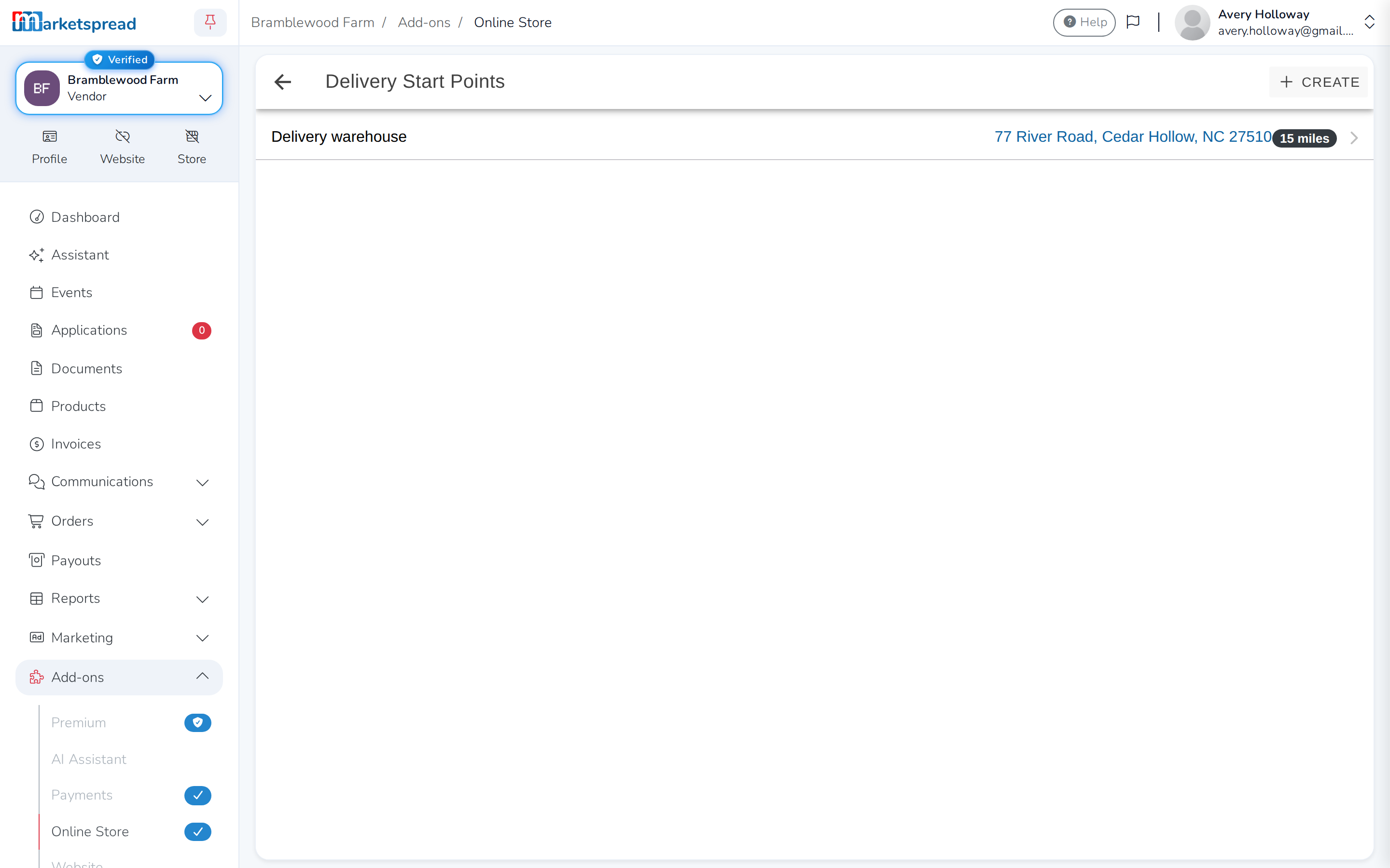 The Delivery Start Points list, with the new start point