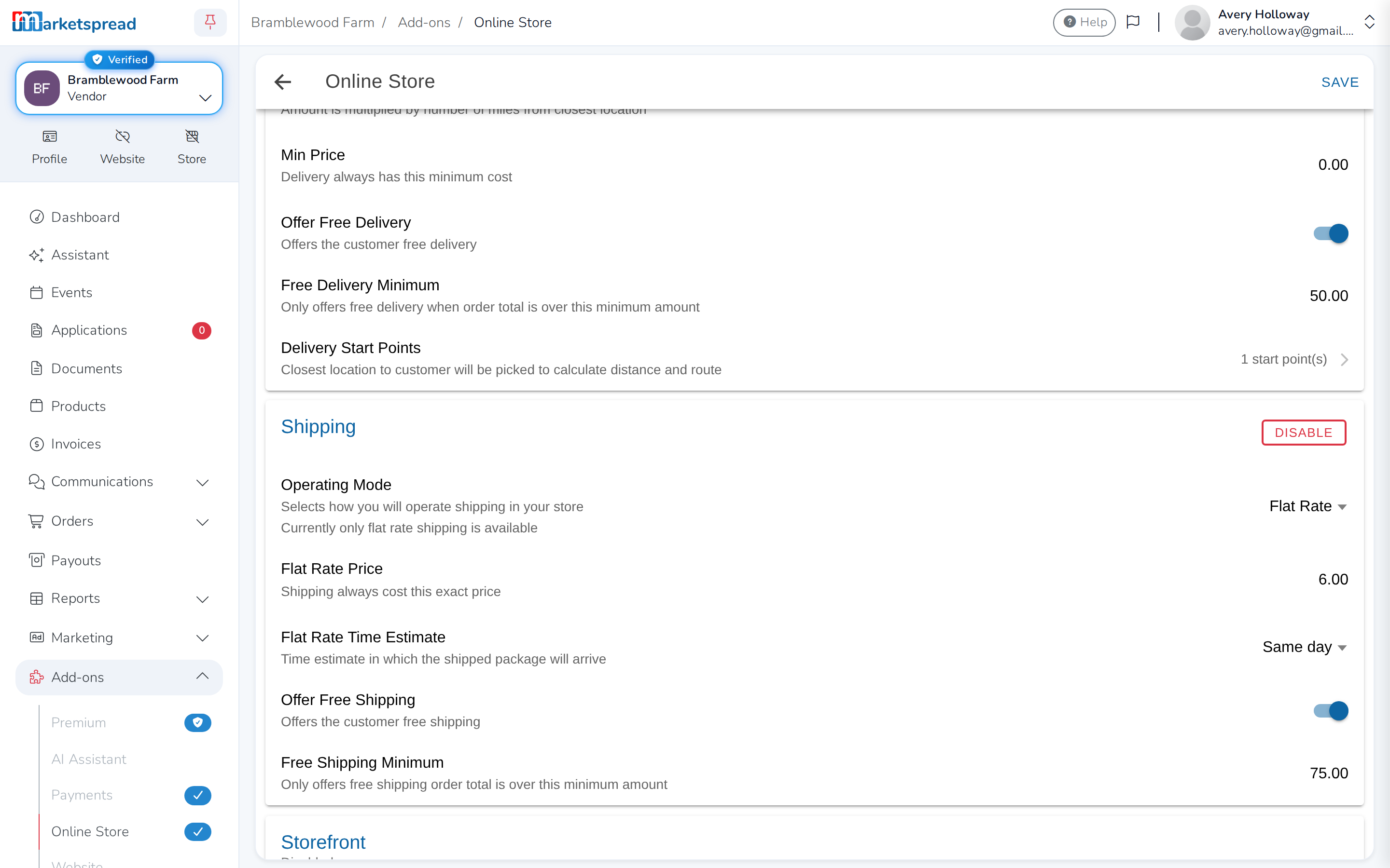 Shipping turned on, with a flat rate, a delivery estimate and free shipping over $75