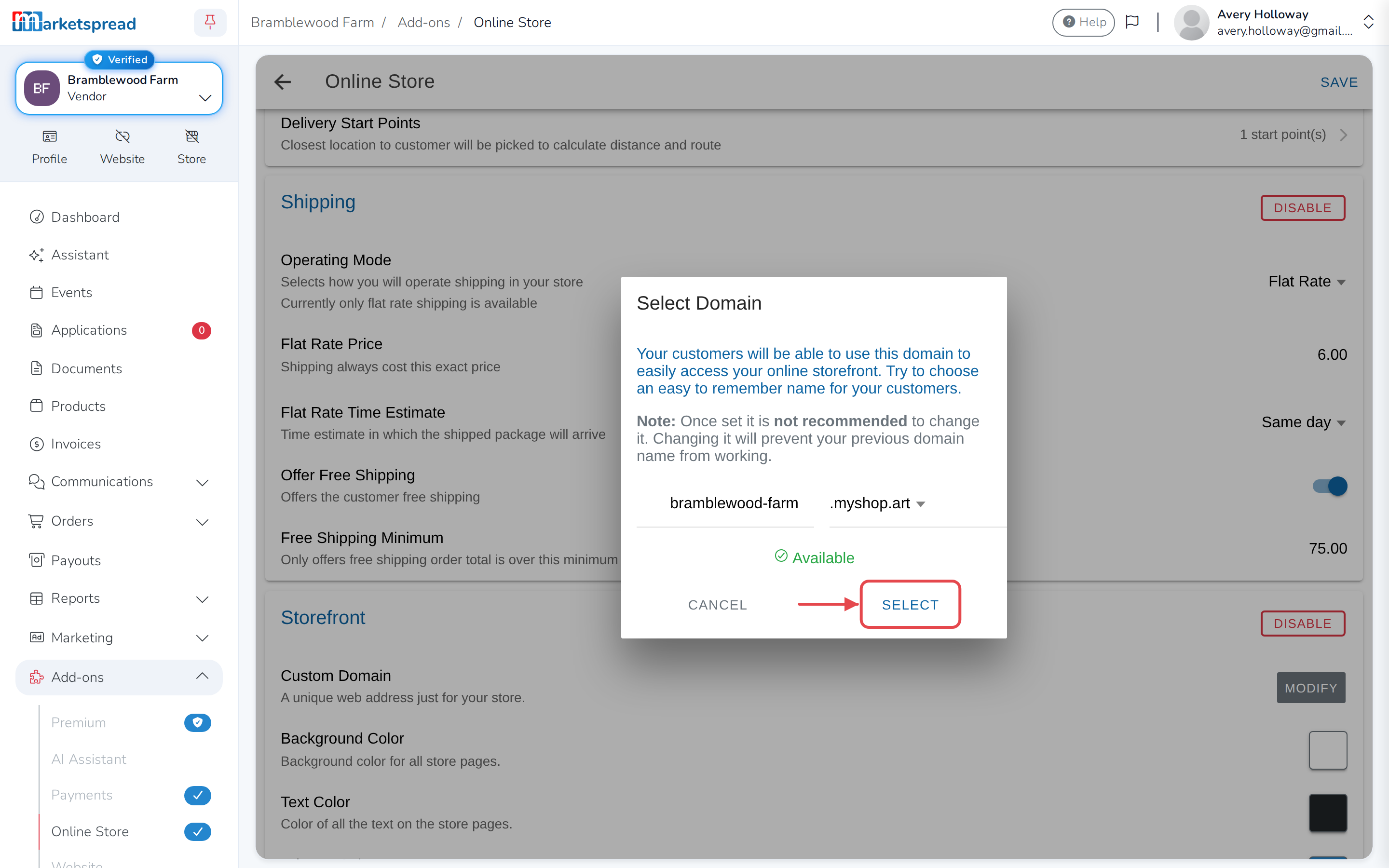 The store address picker, with a name typed in, an ending chosen and Select enabled