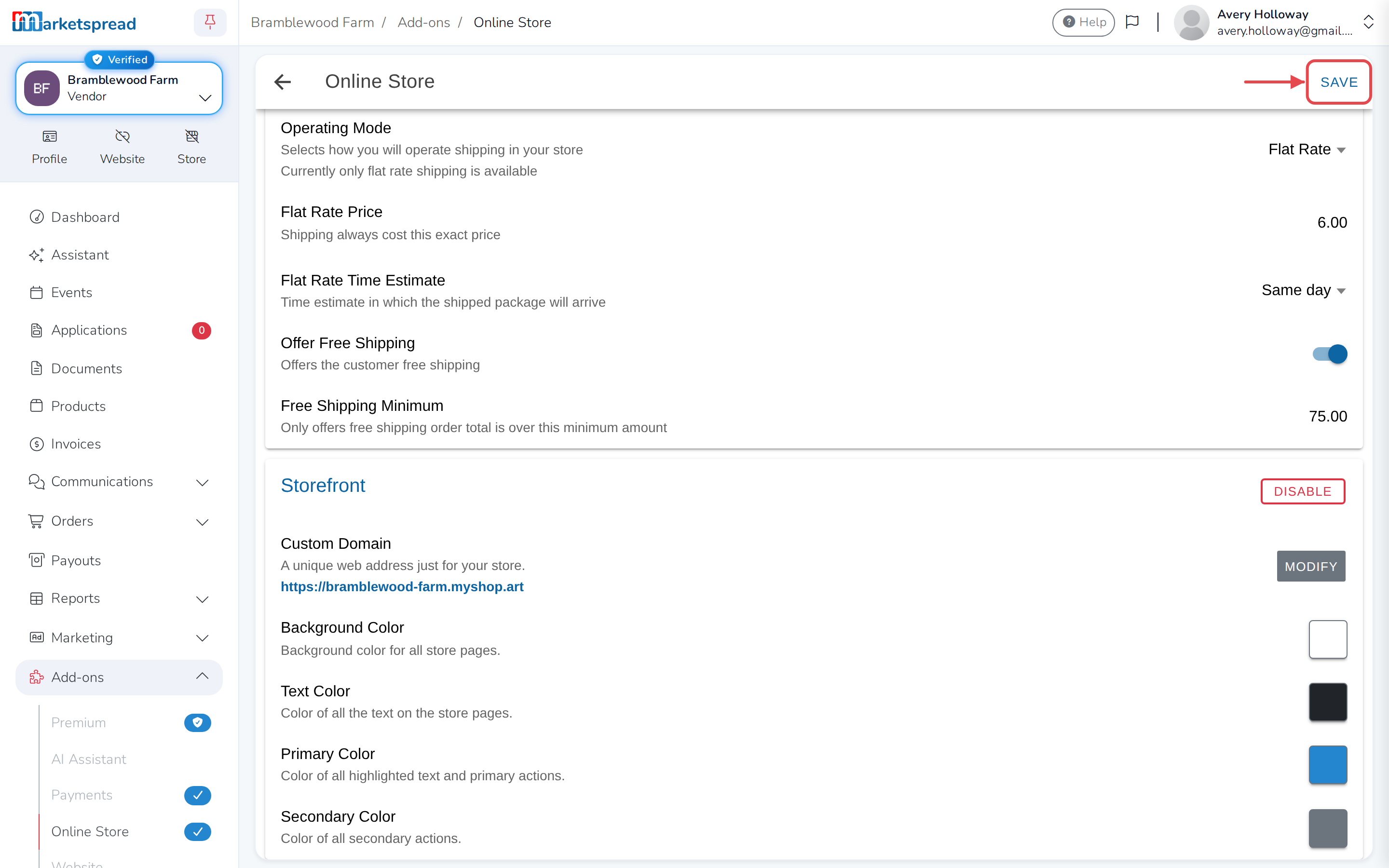 The storefront's design: Custom Domain and the four colors, with Save in the top-right corner