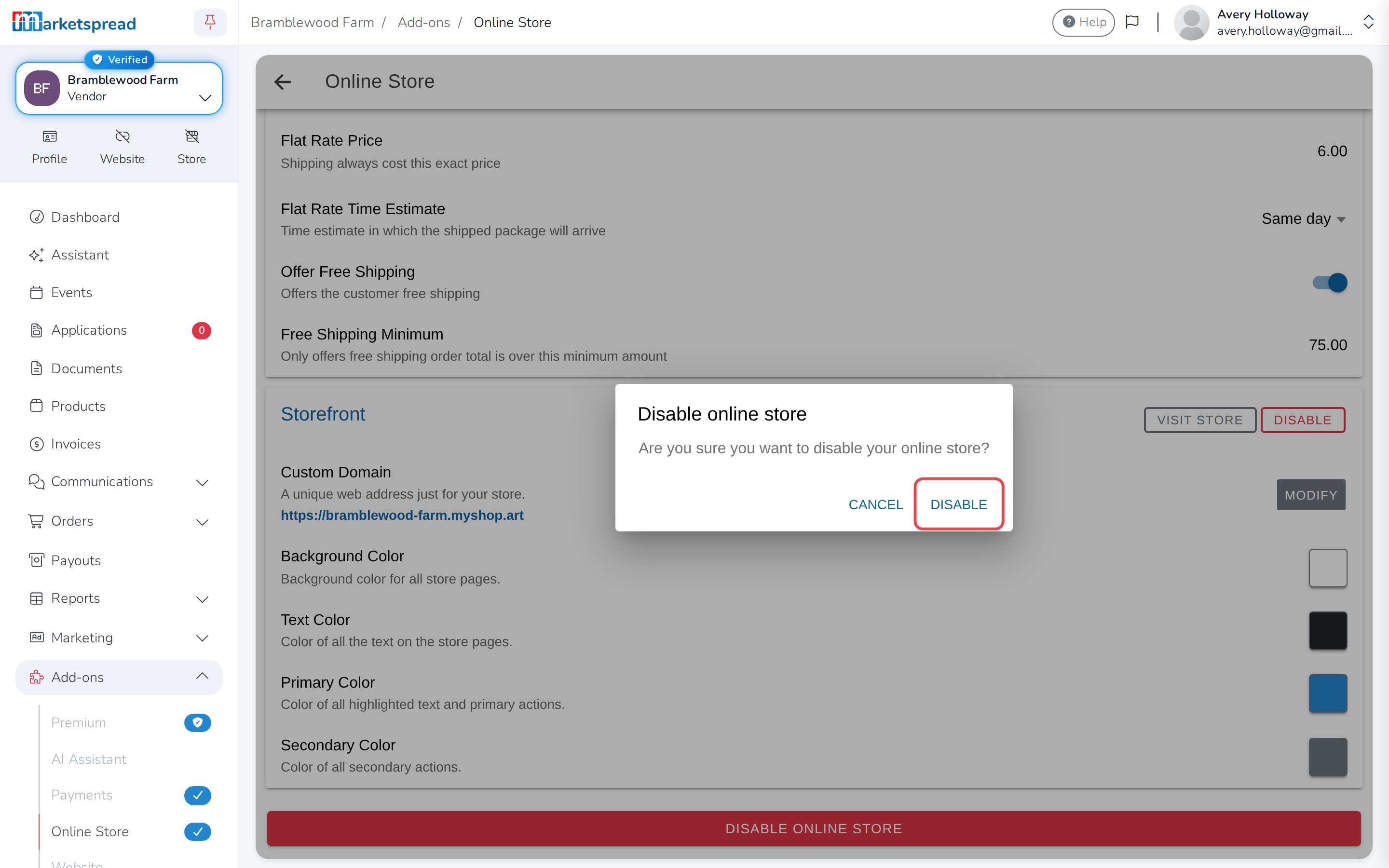 The confirmation, with Disable and Cancel