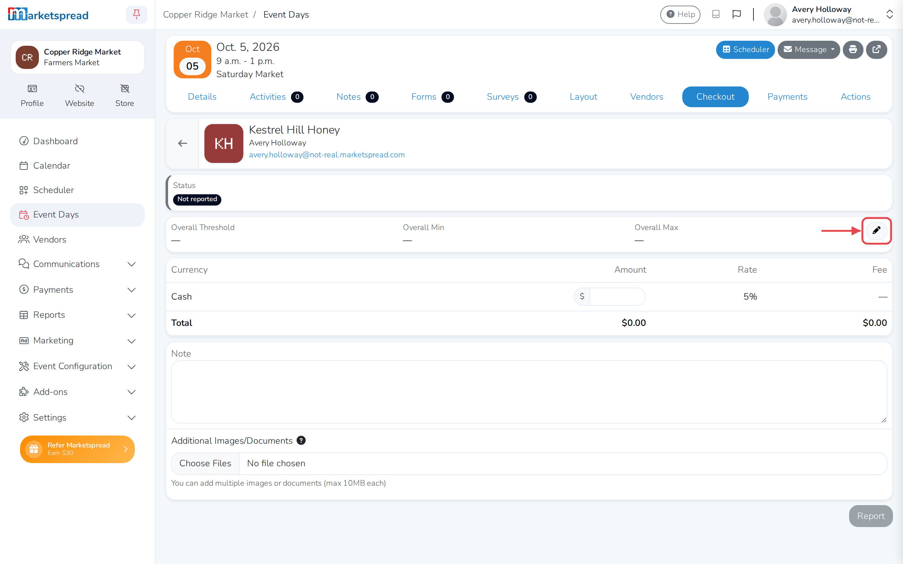 The vendor's Checkout screen, with the Overall Threshold, Min and Max box and its Edit pencil