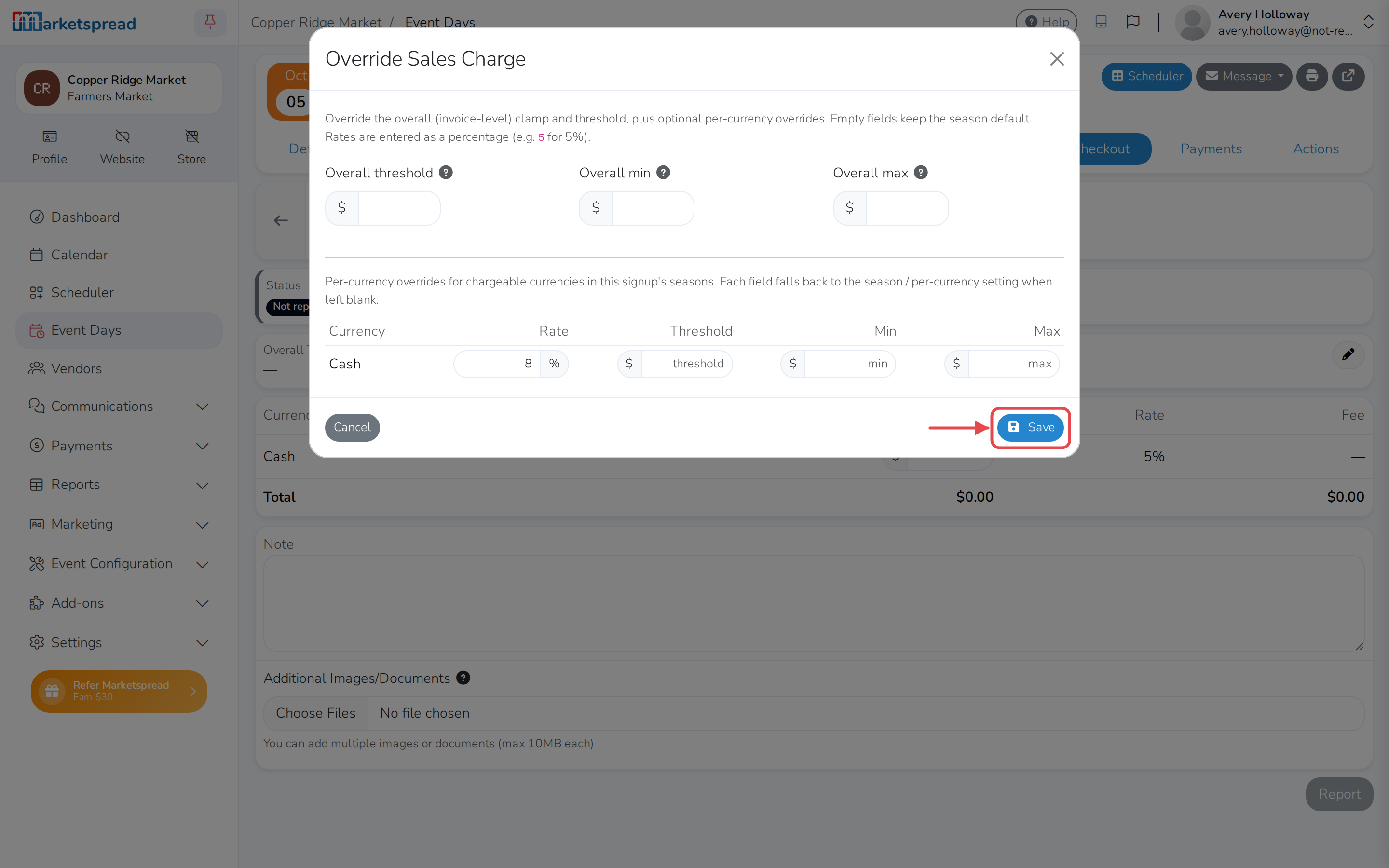 The Override Sales Charge form, with a new Rate entered