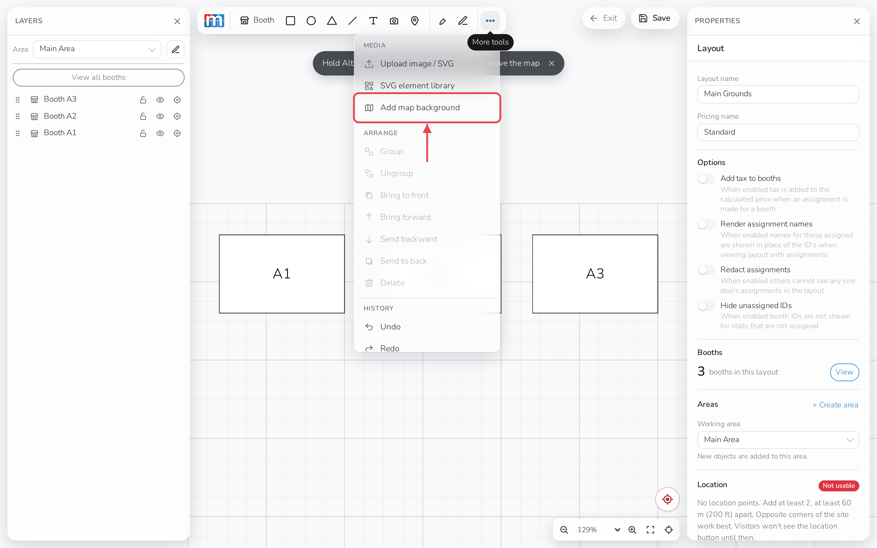 The Layout Editor's More tools menu, with Add map background