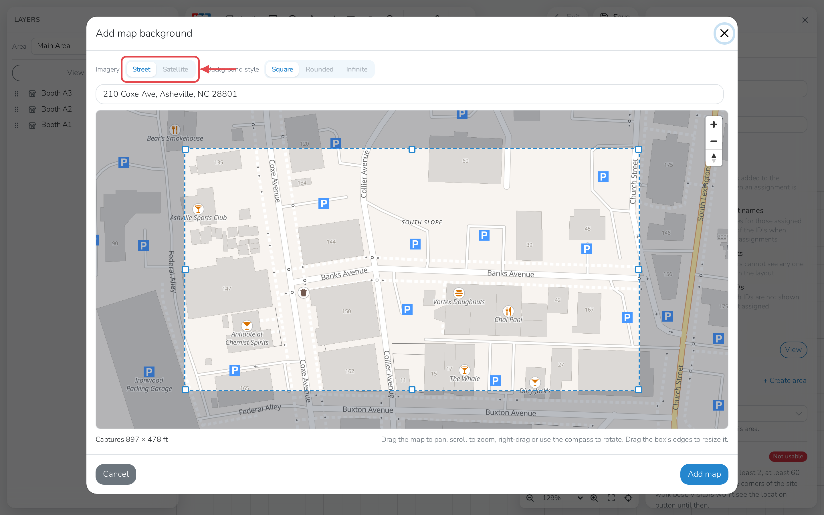 Add map background, framed on the market's own address, with Street or Satellite imagery to choose from