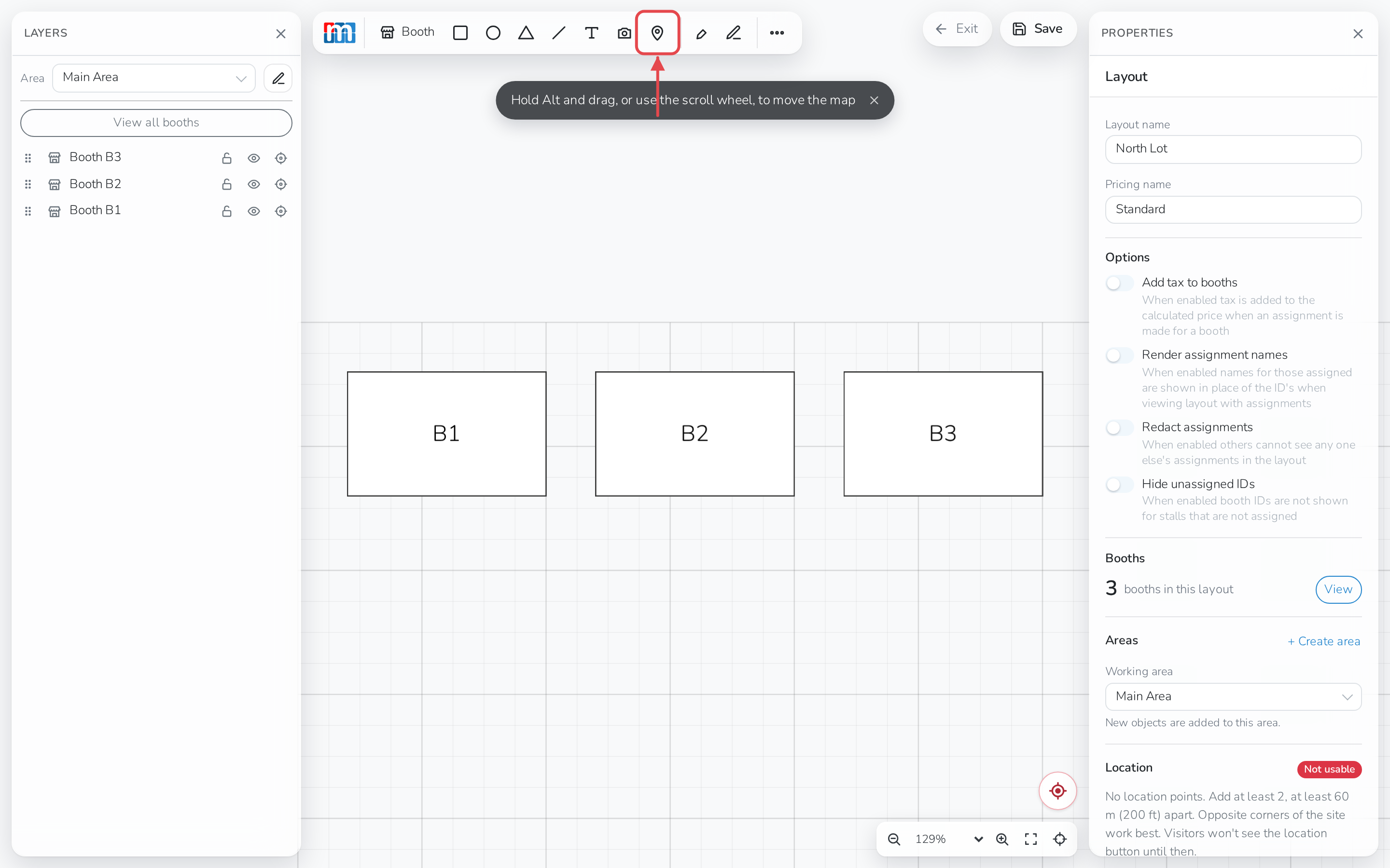 The Layout Editor toolbar, with Add location point