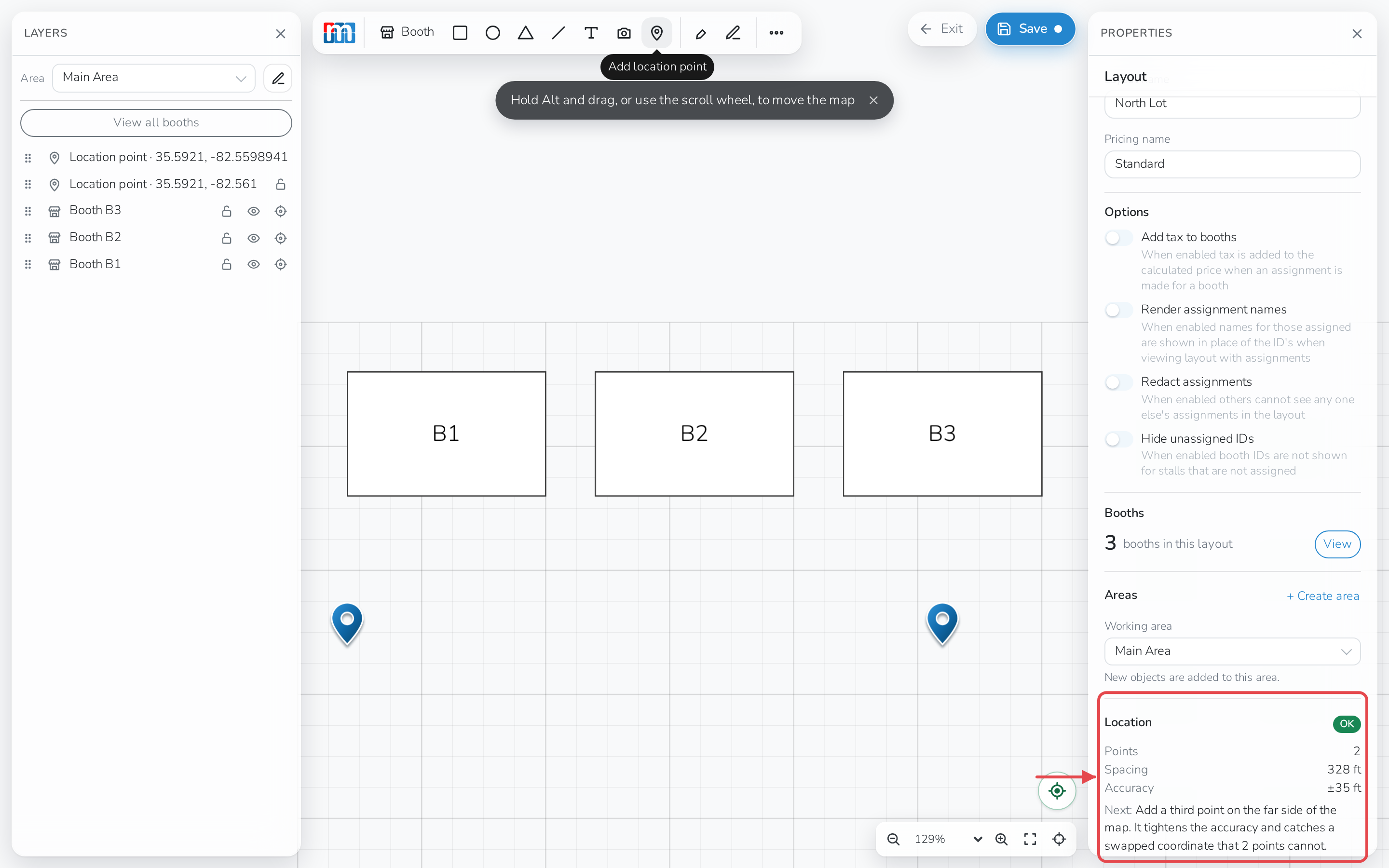 The Location panel, showing this area is ready with its spacing and estimated accuracy