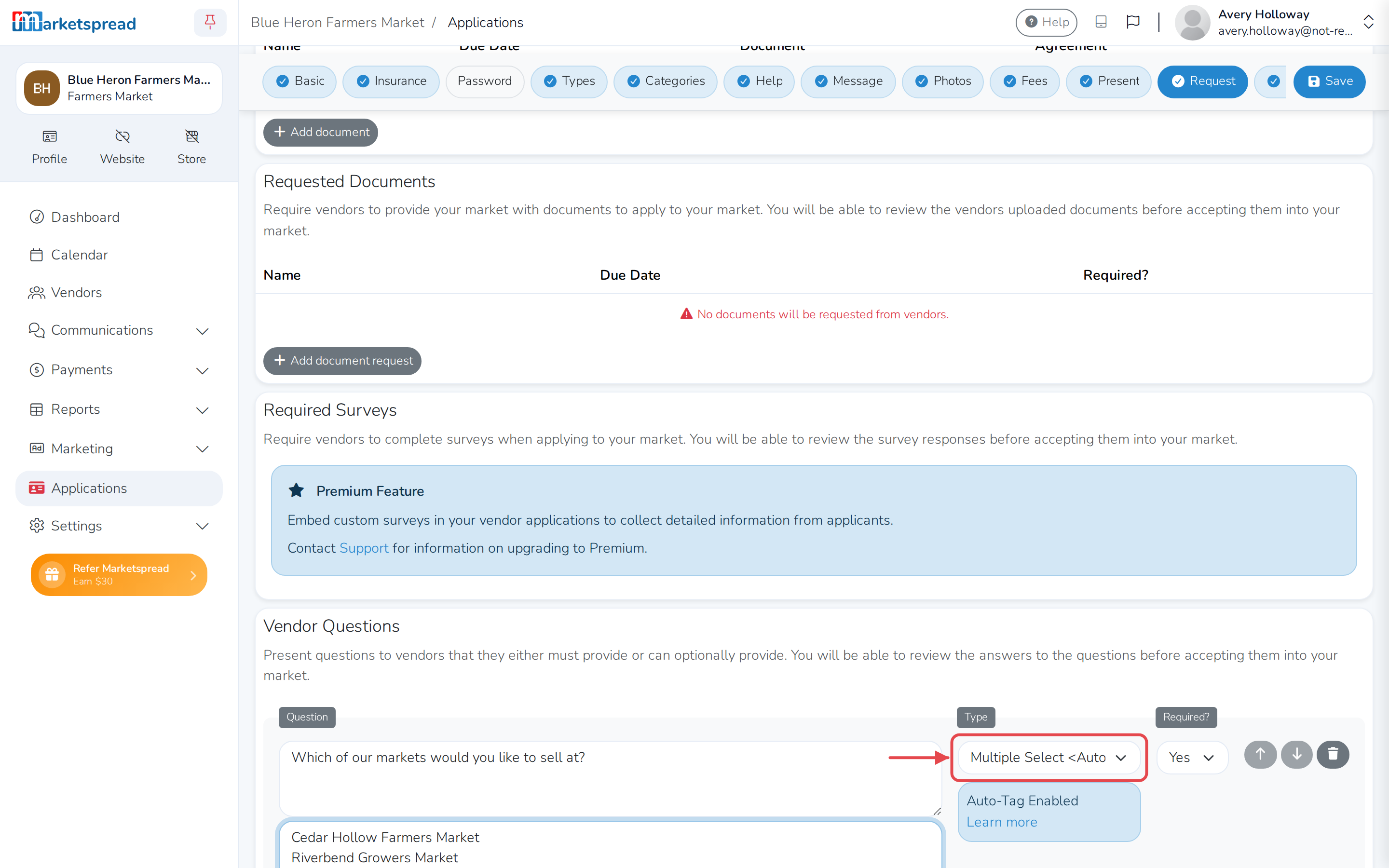The application builder, with a question set to Multiple Select  for the vendor to pick a market